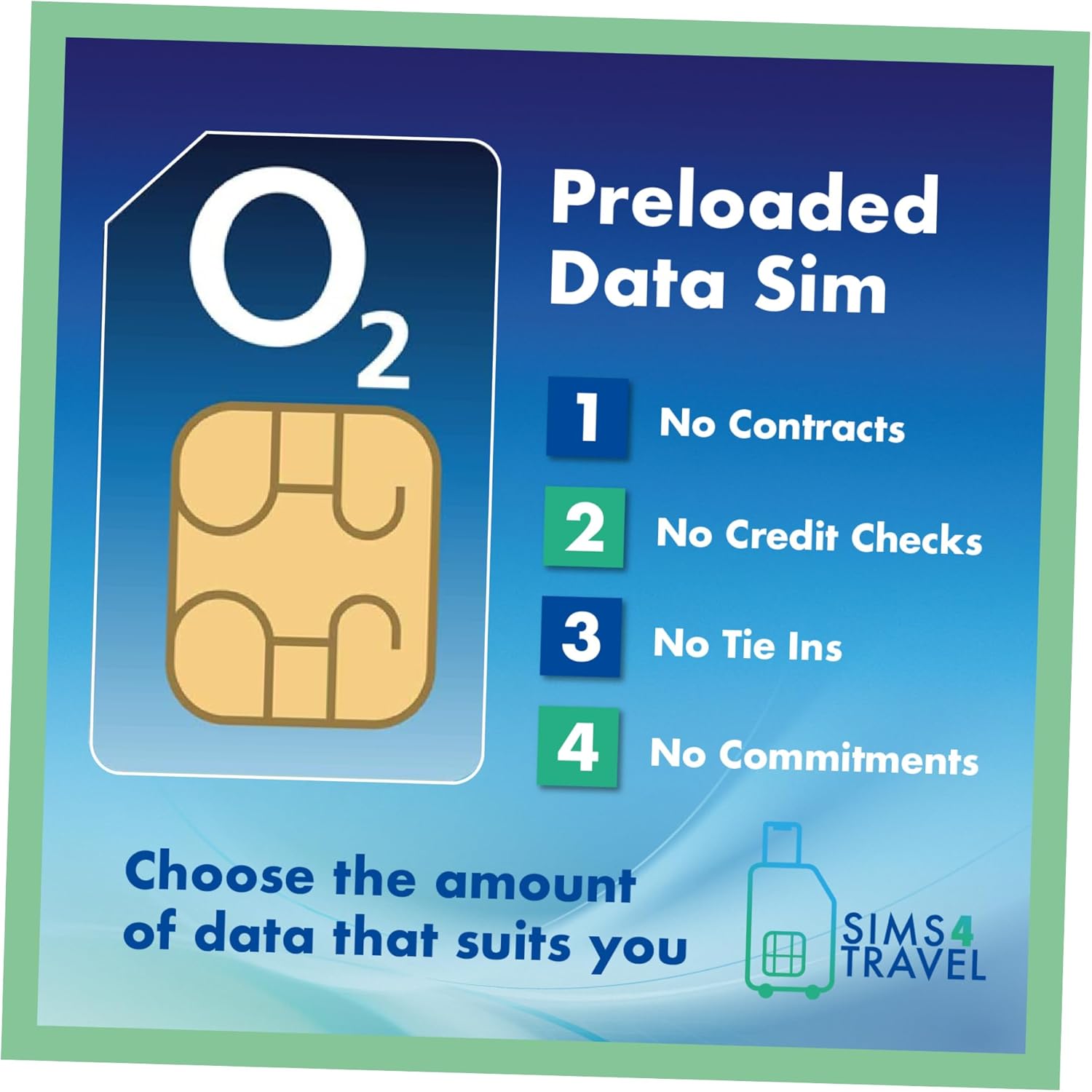 O2 Data Sim Card Preloaded with UNLIMITED 4G/5G Data. Includes 25GB to Roam for Free in 47 Countries. No Contracts, No Commitments, No Credit Checks, No Tie-ins, No Personal ID. (Valid for 1 Month).