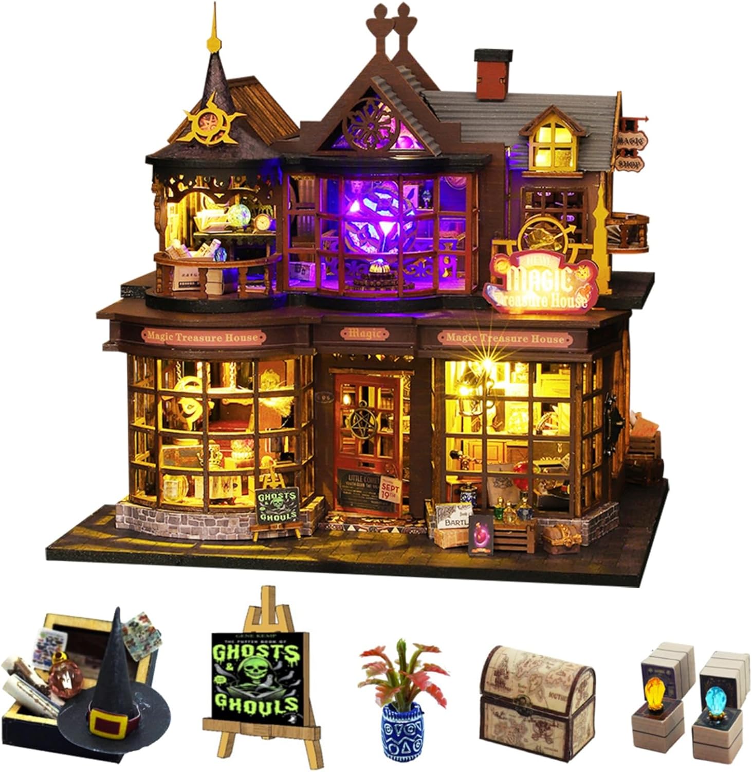 CUTE-Eyfud DIY Miniature Dollhouse Kit with Furniture, LED Lights & Music Box, Perfect Handmade Craft for Teens & Adults, Creative Doll House Gift for Birthdays and Holidays (Magic Treasure House)