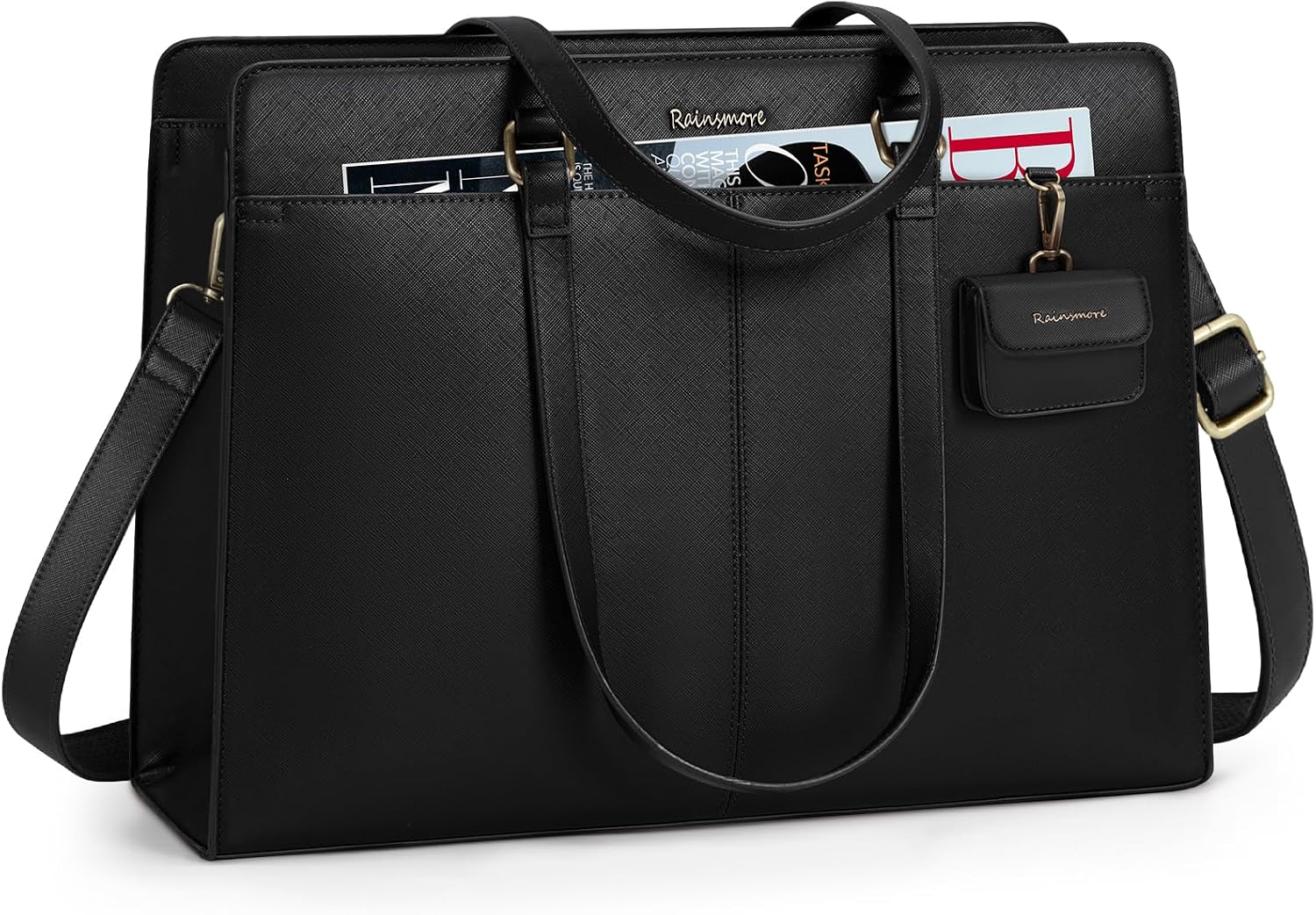 RAINSMORE Laptop Bag for Women 15.6 Inch Work Tote Bags Waterproof PU Leather Handbag Shoulder Bags Business Office School Briefcase Black