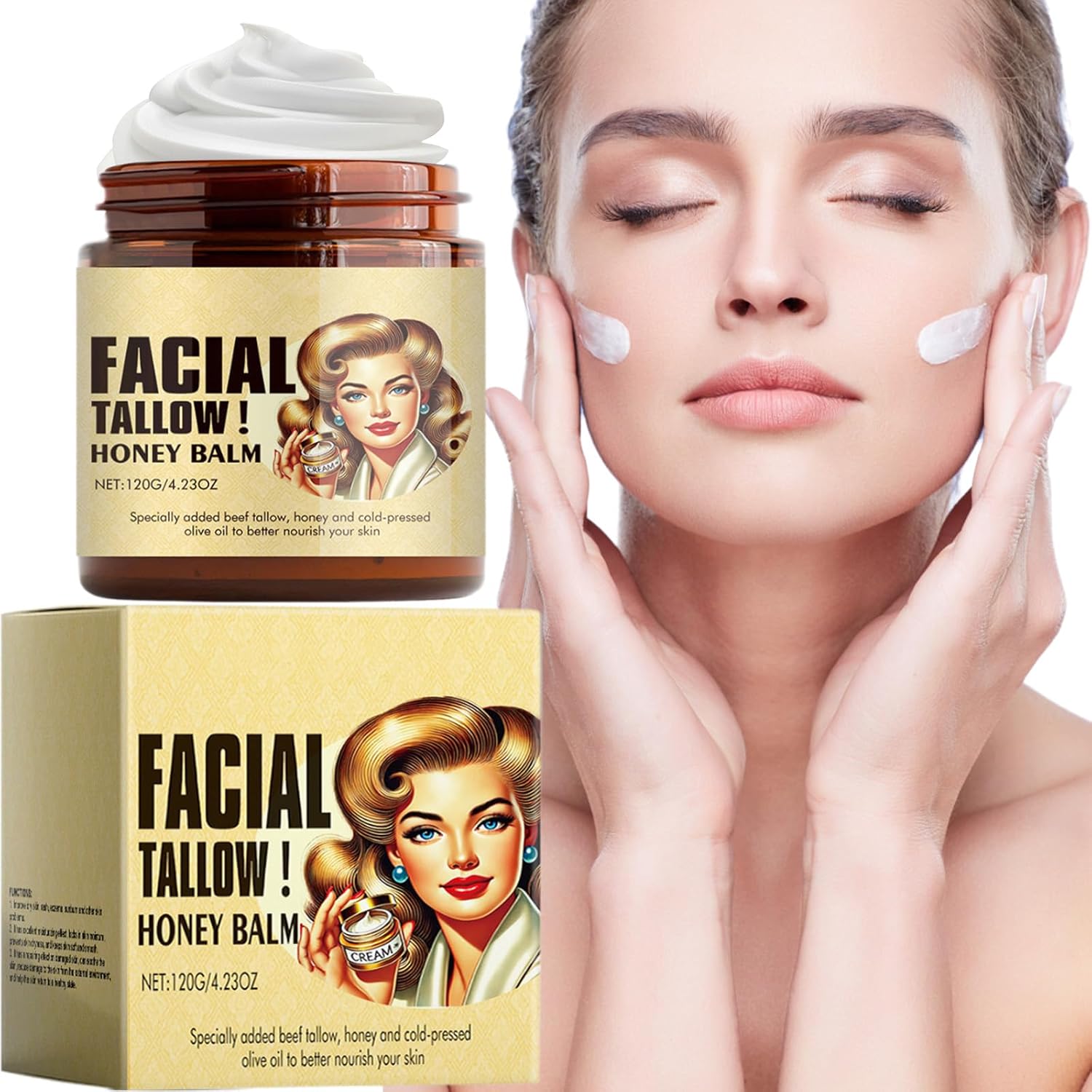 Soneat Whipped Beef Tallow and Honey Balm Grass-Fed Tallow Face Moisturizer for Skin Care, Unscented, Multi-purpose Balm for Face & Body, 4.23 OZ (1)