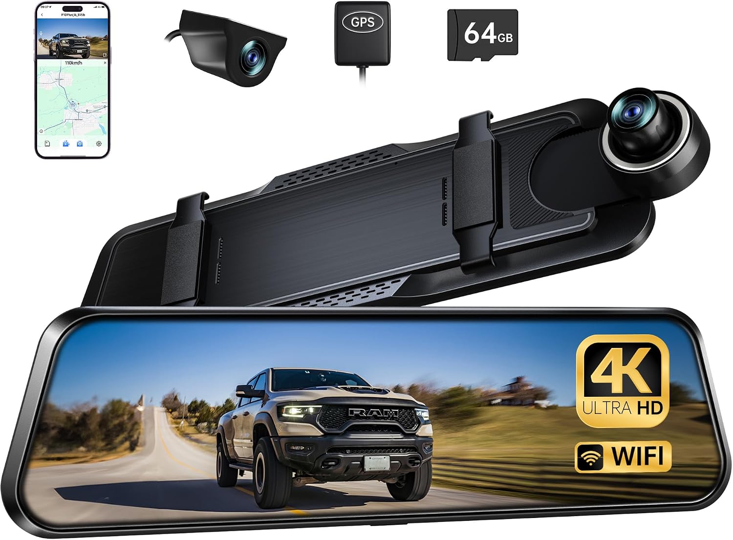 Pelsee P10 Plus 4K Rear View Mirror Camera with ADAS and BSD, 5.8GHz WiFi Mirror Dash Cam Front and Rear, Backup Camera for Car, GPS, 64GB Card Included, WDR Night Vision, Voice Control, 10” Display