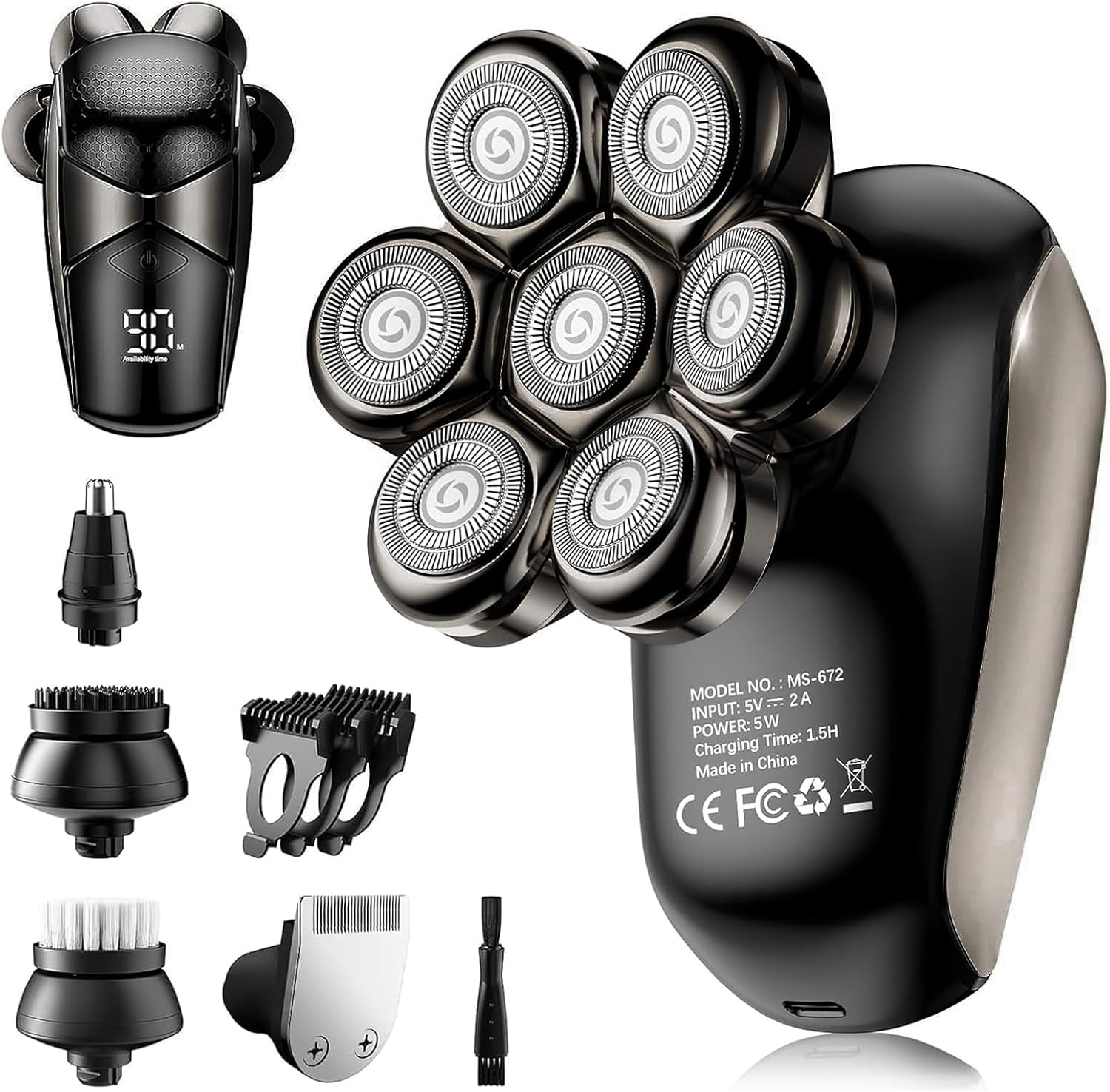Head Shavers for Bald Men: 5-in-1 Electric Razor - IPX7 Waterproof Shaving Grooming Kit for Balder - LED Display & Precision Blades (Deep Black)