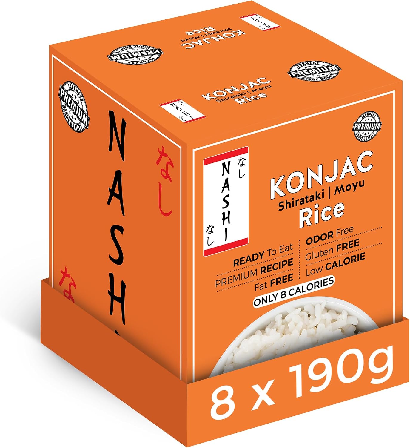 Nashi Shirataki Konjac Moyu Rice 190g (Pack of 8) - Odour Free, Low Calorie (8 Cal), Fat Free Konjac Rice | Vegan, Keto & Gluten Free, Glucomannan, High Fibre, Low Carb Rice Alternative, Ready to Eat