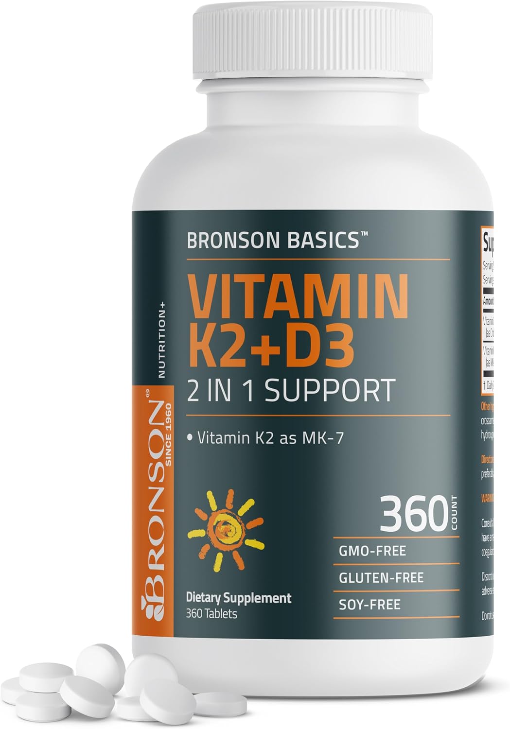 Bronson Vitamin K2 D3 (MK7) Supplement 2-in-1 D3 & K2 Complex, 360 Tablets