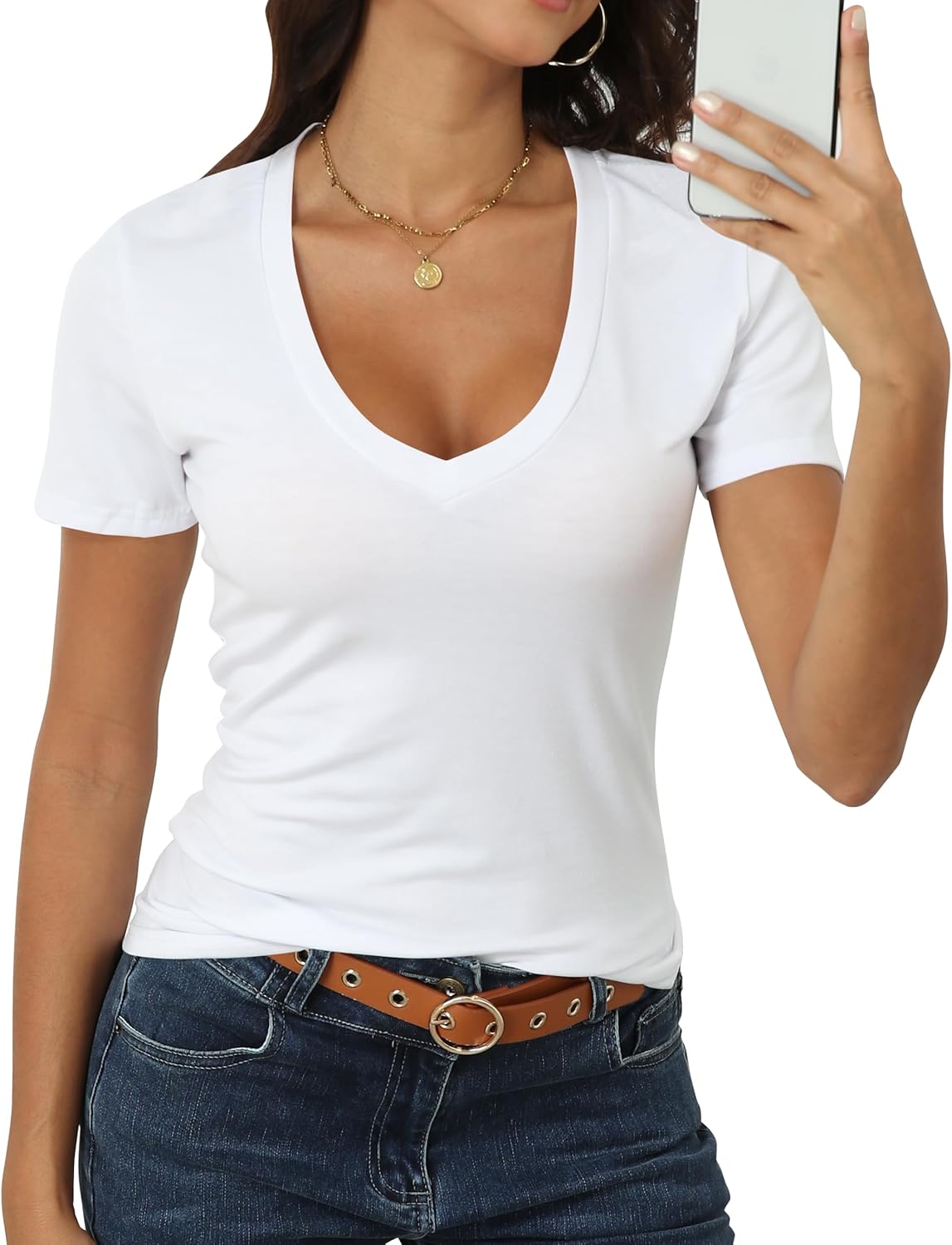 Roselux Women Short Sleeve Deep V Neck Tops Shirts Fitted Cotton Summer Tshirt Tee