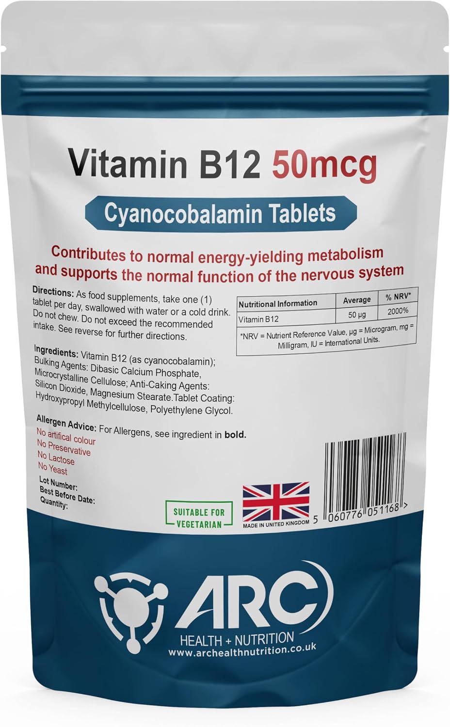 Cyanocobalamin Vitamin B12 50mcg 365 Tablets - Suitable for Vegans & Vegetarians - Combat Fatigue & Tiredness - for Men & Women - Made in UK