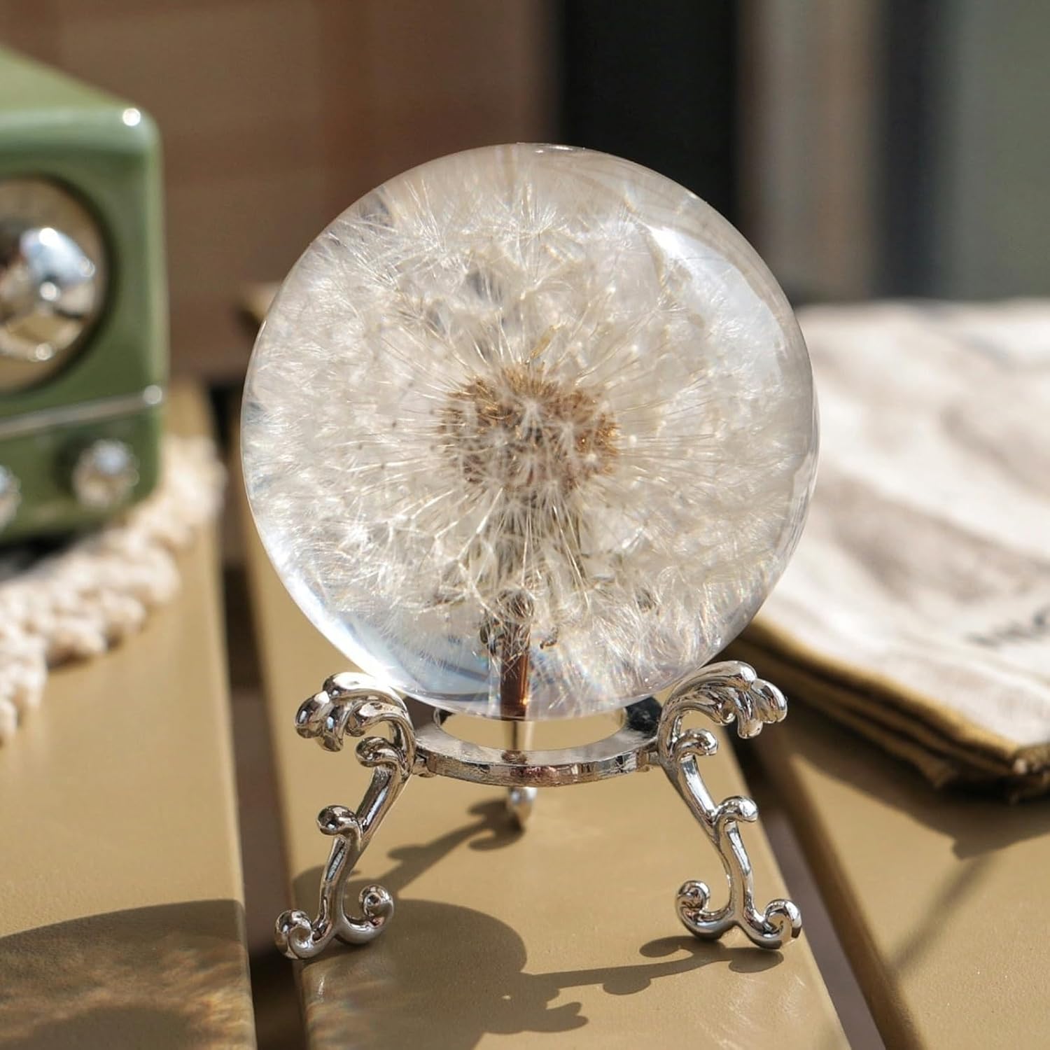 Real Dandelion Paperweight, 60mm Dandelion Resin Crystal Ball with Stand, Office Desktop Home Decor Gift for Dad,Mom,Teacher, Birthday, Wedding Valentine's Mother's Father's Day Gifts