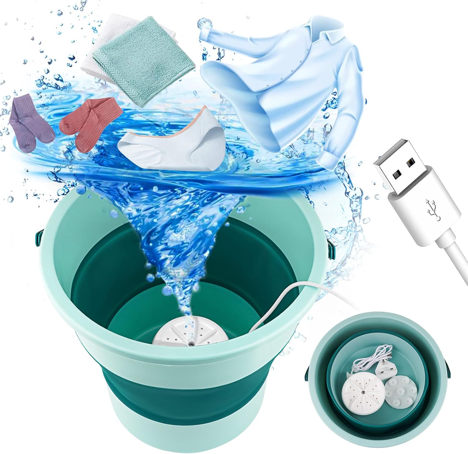 BAOK Mini Washing Machine, 10L Portable Foldable Laundry Tub Washing Machines, Ultrasonic Turbine Washer with USB, Suitable for Home Travel Apartments Dorms Socks Underwear Bra