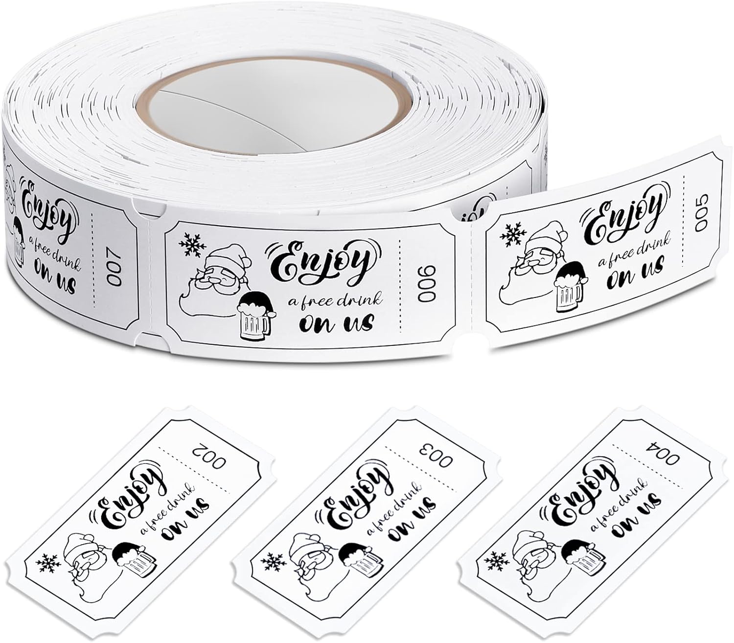 Zonon 500 Pieces Christmas Drinks Tokens Enjoy a Free Drink on Us Tickets Roll Paper Tokens White for Events Wedding Birthday Christmas Party Supplies Bar Beverage Voucher Bulk Pack