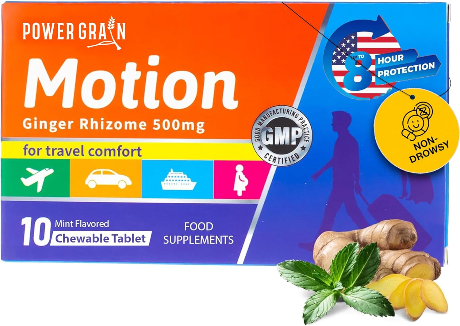 Travel and Motion Sickness Tablets - 500mg Chewable Ginger Rhizome Tablets - Non-Drowsy Nausea & Vomiting Relief - 10 Tablets (Mint)