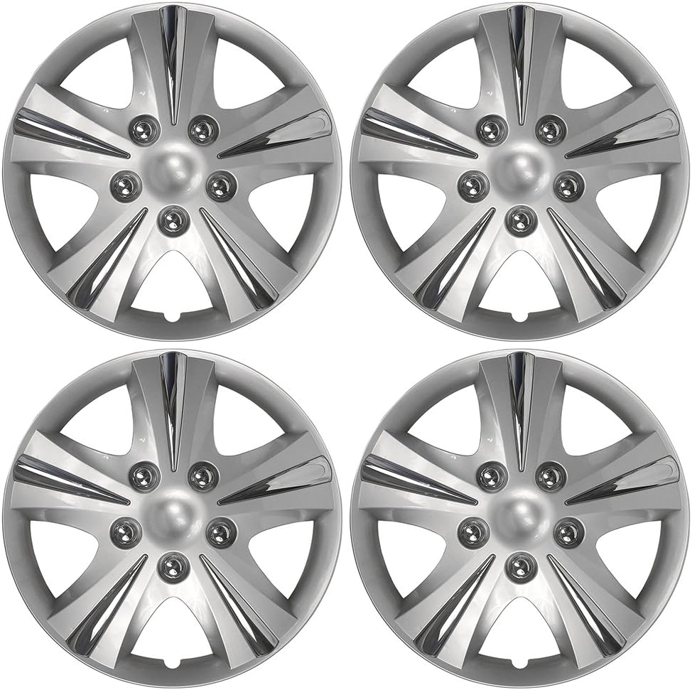 Custom Accessories 4-Pack 15" SGT-5 Wheel Covers, Replacement Hubcaps for Cars, Trucks, SUVs — Silver/Chrome
