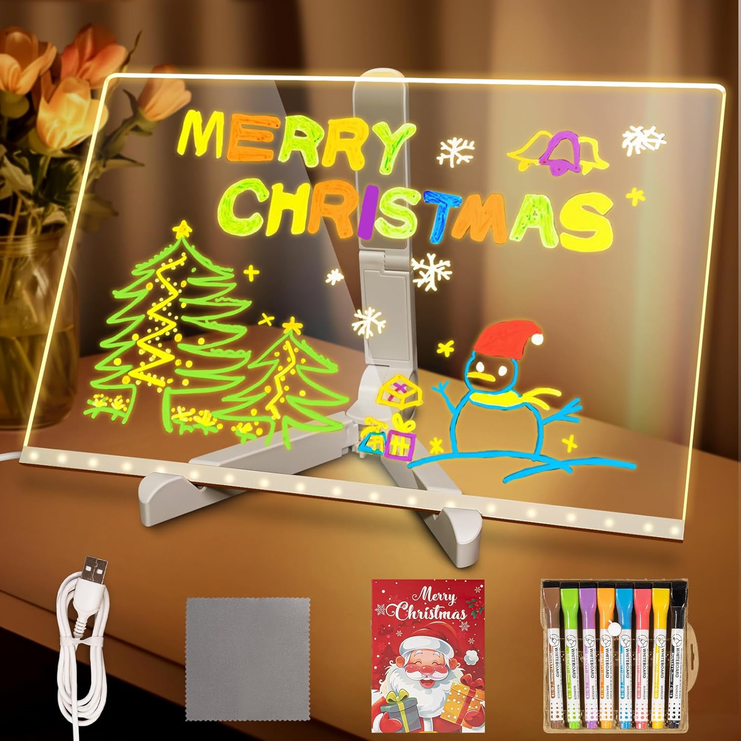 Led Drawing Board,12"x8" LED Note Board, with Stand,Equipped with Upgraded 8 Colorful Magnetic Dry-Erase Markers (with Eraser Caps), Easy to Clean – The top Choice for led Drawing Board for Kids