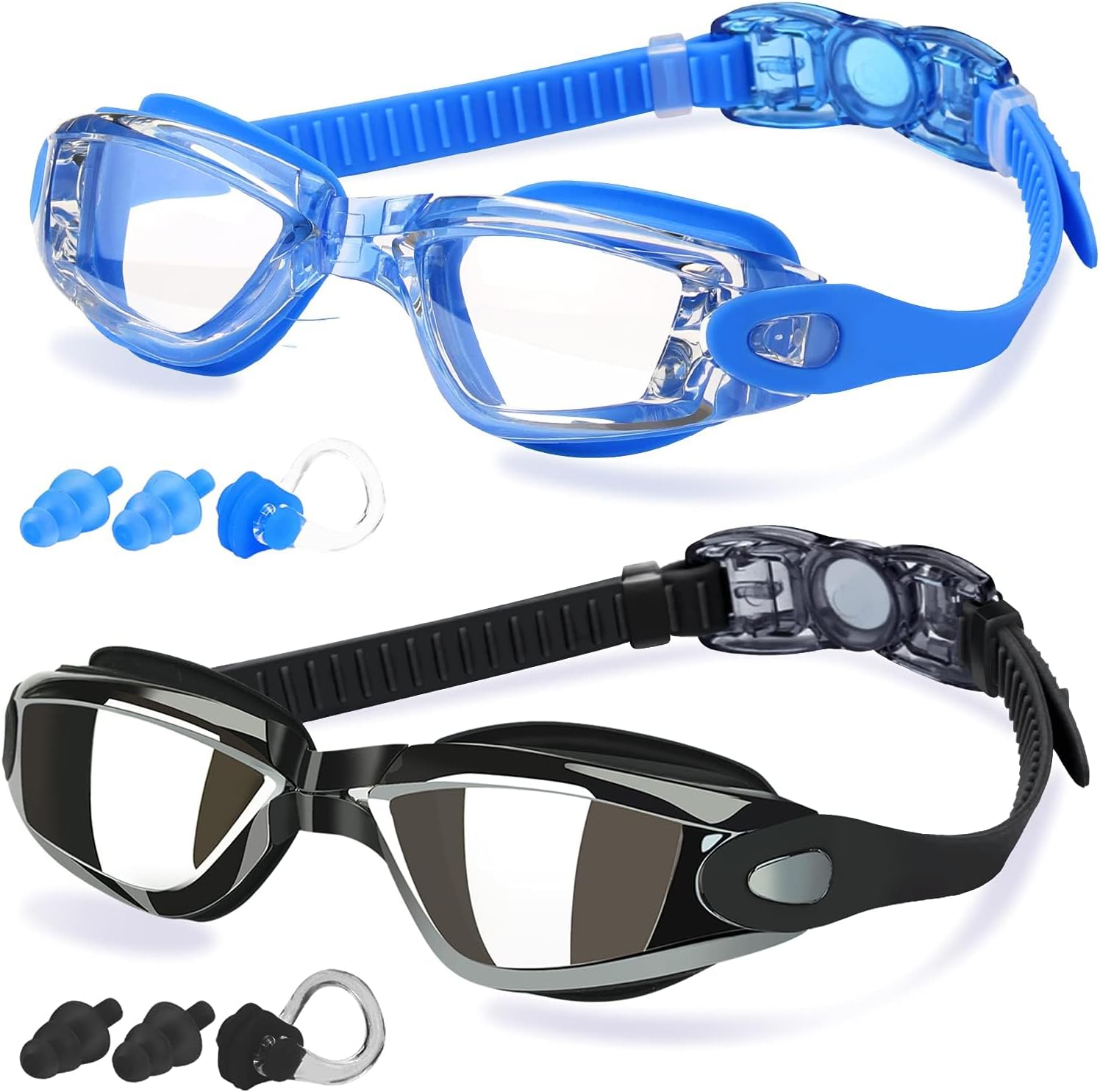 COOLOO Swimming Goggles, 2 Pack Swim Goggles for Adult Men Women Youth Kids 8+, Anti-Fog UV Protection No Leaking Nose Clip and Earplugs