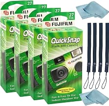 Fujifilm QuickSnap Flash 400 Disposable 35mm Camera • 4 Pack • 4 Hand Straps • 2 BluebirdSales Microfiber Cloth, Green, 7033661