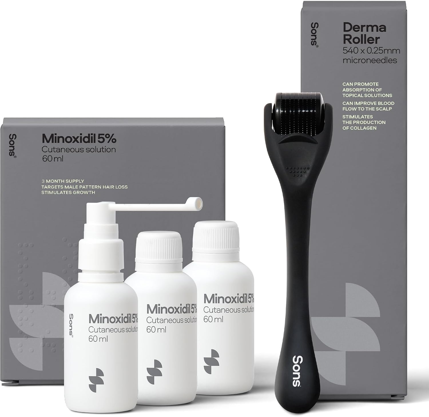 Sons Minoxidil 5% Hair Growth Spray (3x60ml) & 0.25mm Derma Roller for Men | Clinically Proven Hair Growth, Results after 3 Months, Precision Applicator, Microneedling Boosts Absorption, Made in Europe