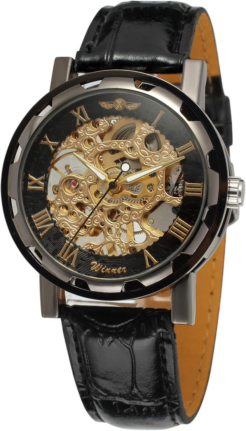 Yoodeet Men's Black Skeleton Dial Hand-Wind Up PU Leather Mechanical Wrist Watch