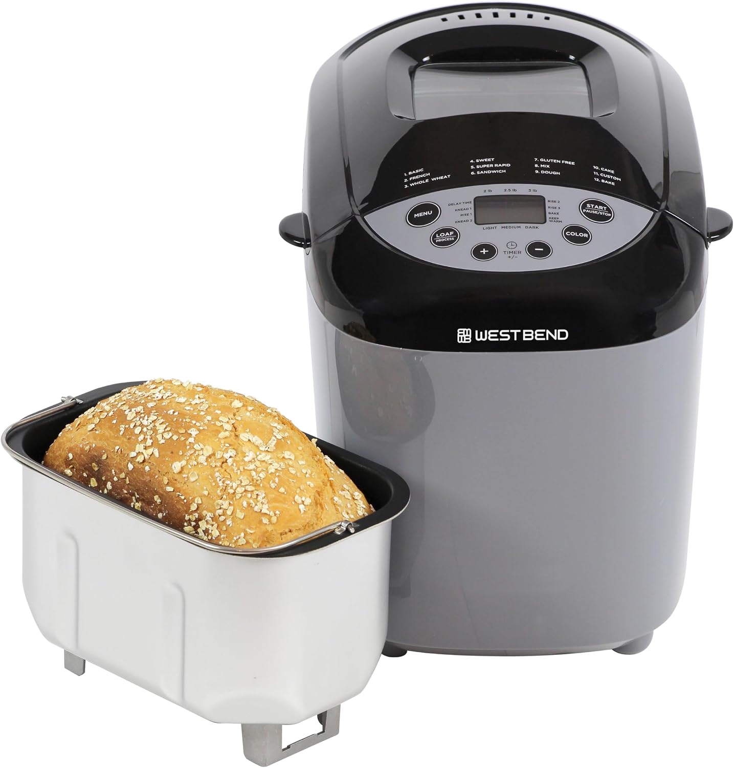 West Bend Hi-Rise Bread Maker Machine Programmable 12 Programs Including Gluten Free & 3 Loaf Sizes and Crust Colors with Traditionally-Shaped Horizontal Bread Pan with Dual Knead Blades, 3-Lb, Gray