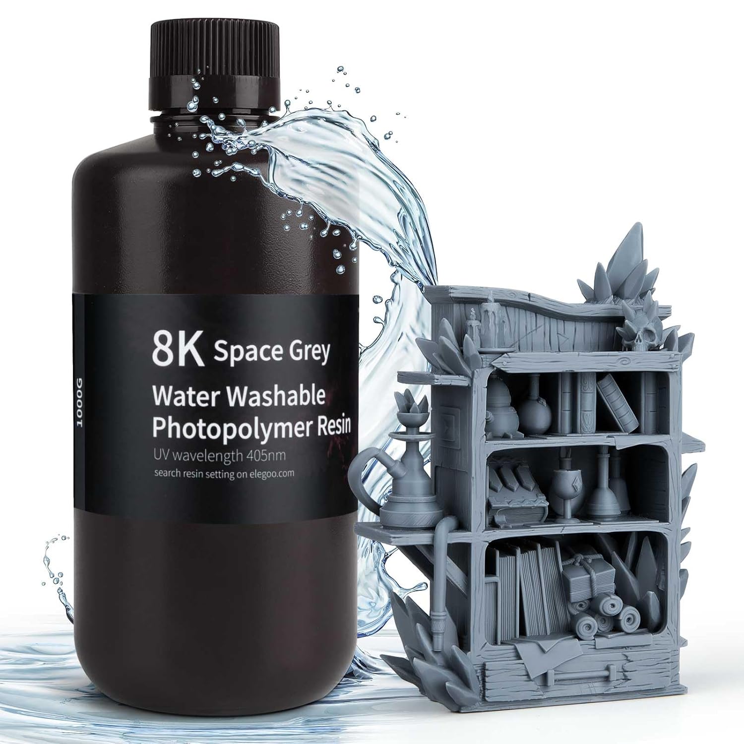 ELEGOO 8K Water Washable 3D Printer Resin, 405nm UV Curing Photopolymer Resina Best for 12K 14K Saturn MSLA DLP LCD Impresora 1000Gram Space Grey