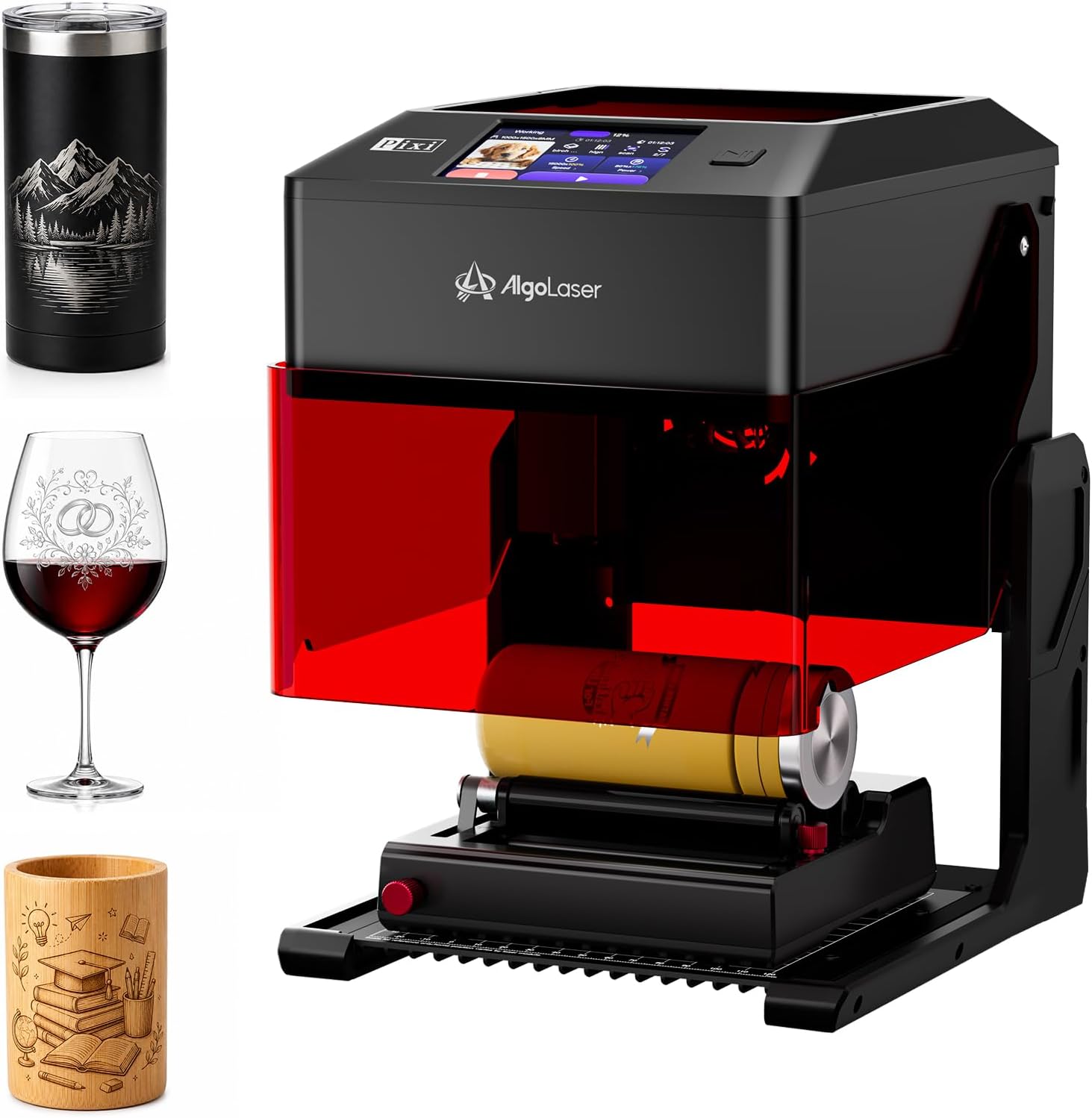 Pixi 10W Laser Engraver with Rotary Roller Kit for Cylindrical Objects | 3.5" Smart Touchscreen & AlgoOS, Beginner-Friendly for Engraving Tumblers Bottles Mugs for DIY Crafts and Small Businesses
