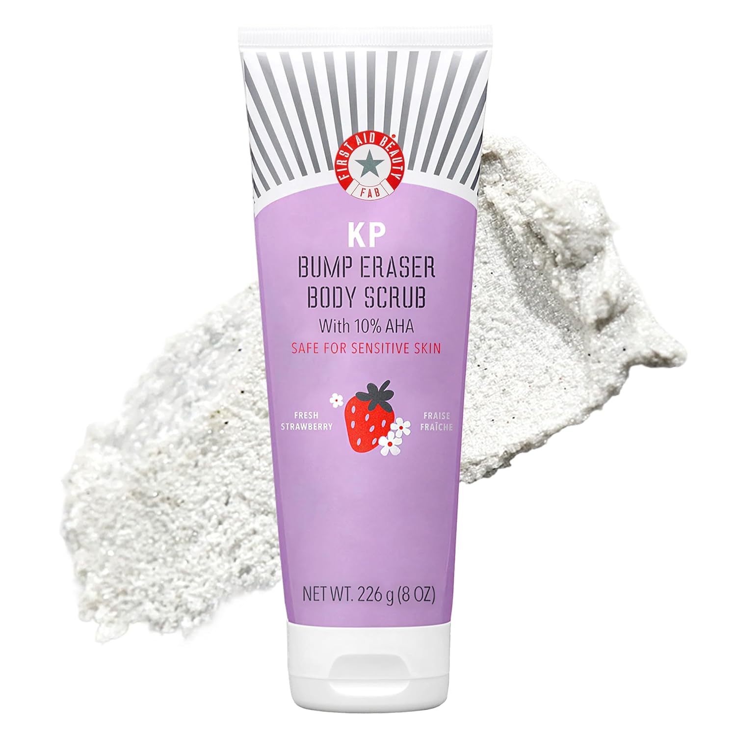 First Aid Beauty - KP Bump Eraser Body Scrub with 10% AHA, Keratosis Pilaris Exfoliator with Glycolic and Lactic acids, Helps Reduce Chicken Skin Bumps, Safe for Sensitive Skin, Strawberry Scent, 8 oz
