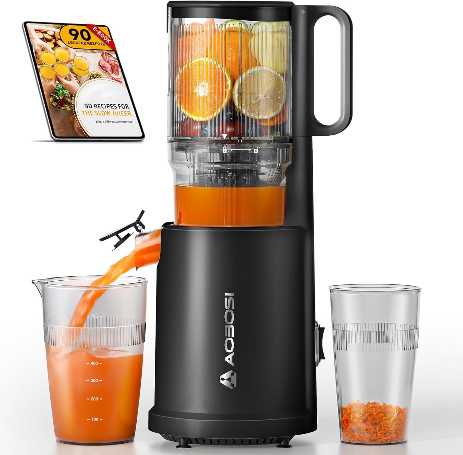 Cold Press Juicer Machines with 5.4" Wide Feed Chute - Slow Masticating Juicer Extractor for Whole Fruits & Vegetables - Quiet Motor, Easy to Clean with Brush - High Juice Yield - Black