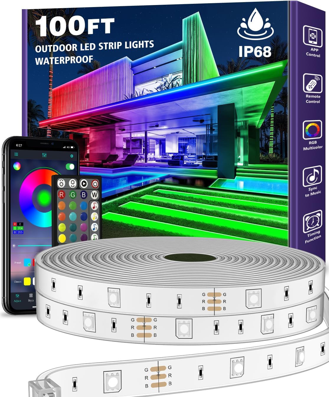 AILBTON 100ft Outdoor LED Strip Lights Waterproof,IP68 Outside Led Light Strips Waterproof with Bluetooth App Remote Control,Music Sync RGB Exterior Led Rope Lights (100FT(Outdoor Waterproof))
