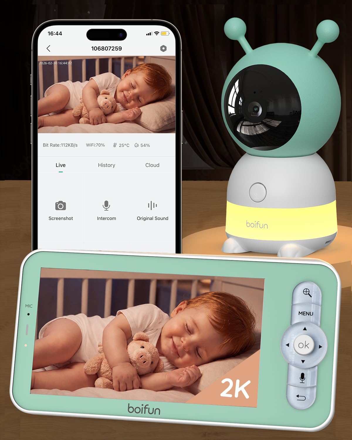BOIFUN 2K WiFi Baby Monitor with Phone App, 5" Screen, Smart Night Light | Split-Screen Control, Motion/Cries/Sound/Custom Alarm Zone Detect, Auto Tracking, Humidity Temp Detect