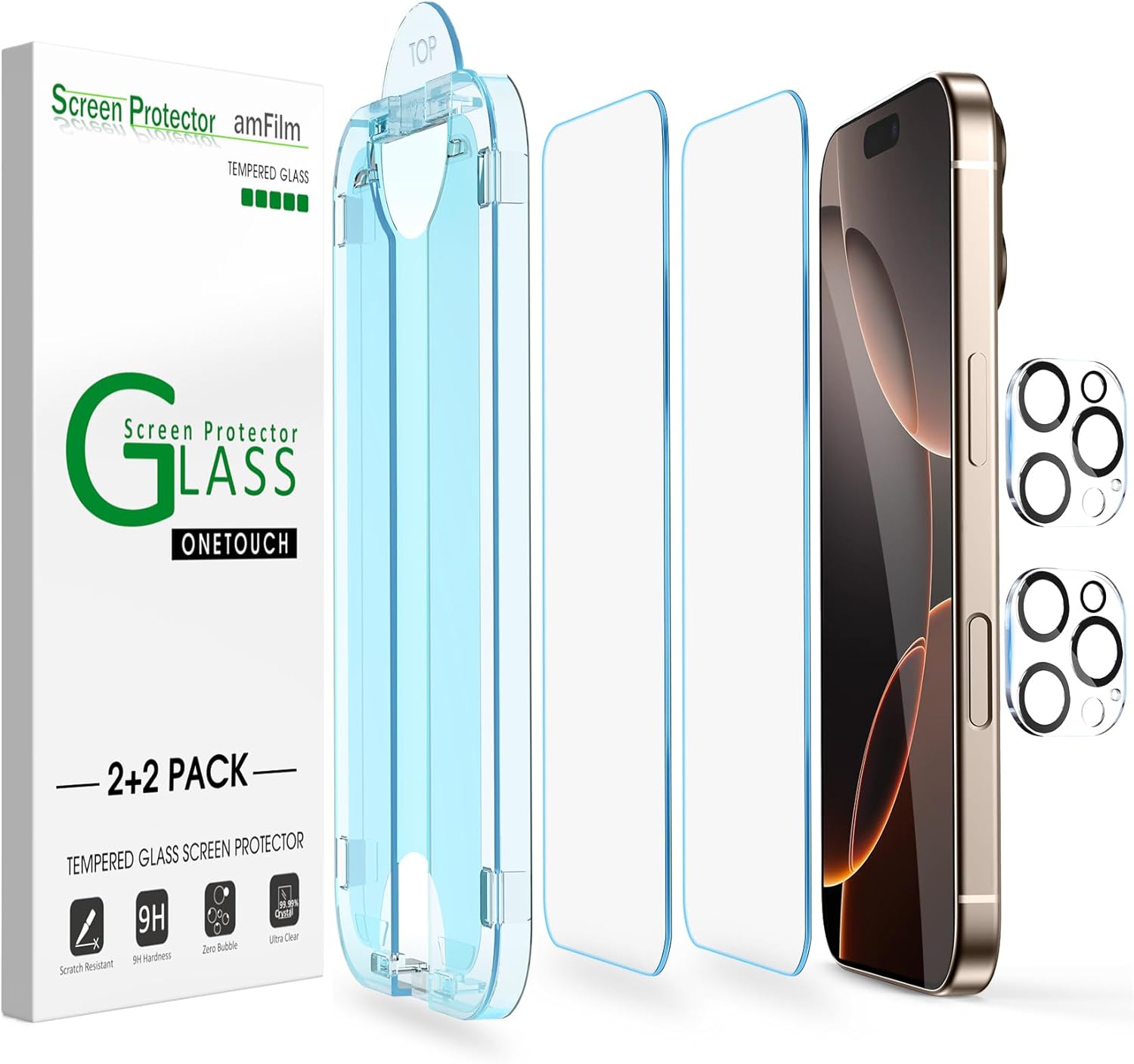 amFilm OneTouch 2+2 Pack Compatible with iPhone 16 Pro Max Screen Protector 6.9" Tempered Glass and Camera Lens Protector, Premium Easiest Installation Kit 9H, Case Friendly Anti-Scratch HD