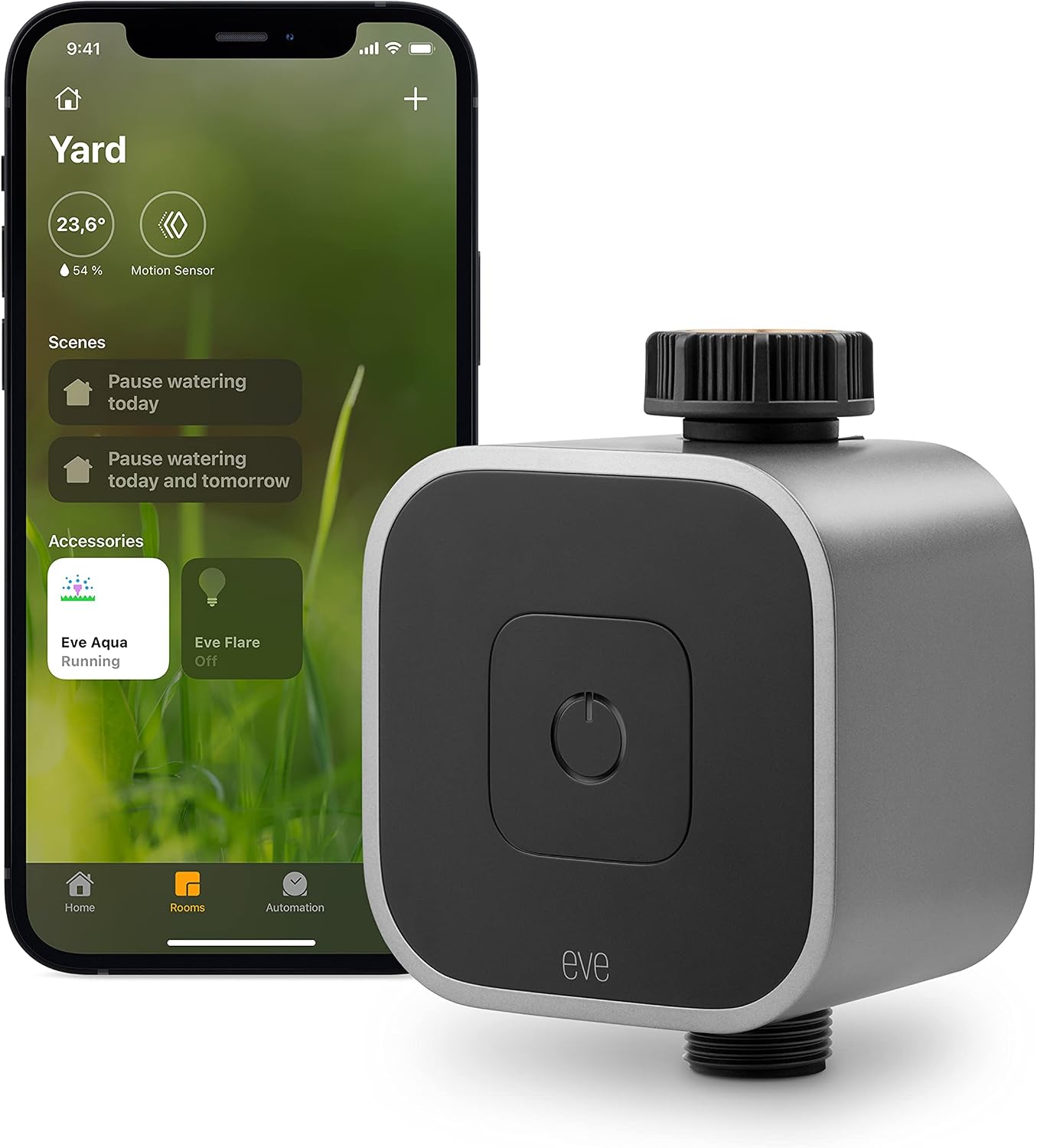 Eve Aqua (Apple Home) – Smart water controller for Apple Home app or Siri, irrigate automatically with schedules, easy to use, remote access, no bridge, Bluetooth, Thread, black