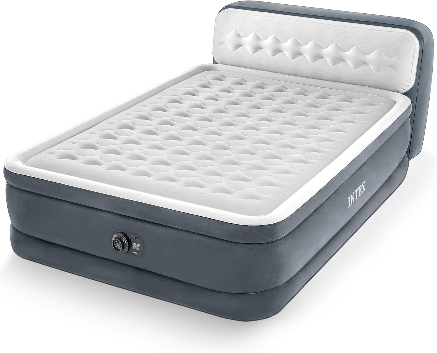 Intex 64447ED Dura-Beam Deluxe Ultra Plush Air Mattress with Headboard: Fiber-Tech – Queen Size – Built-in Electric Pump – 18in Bed Height – 600lb Weight Capacity