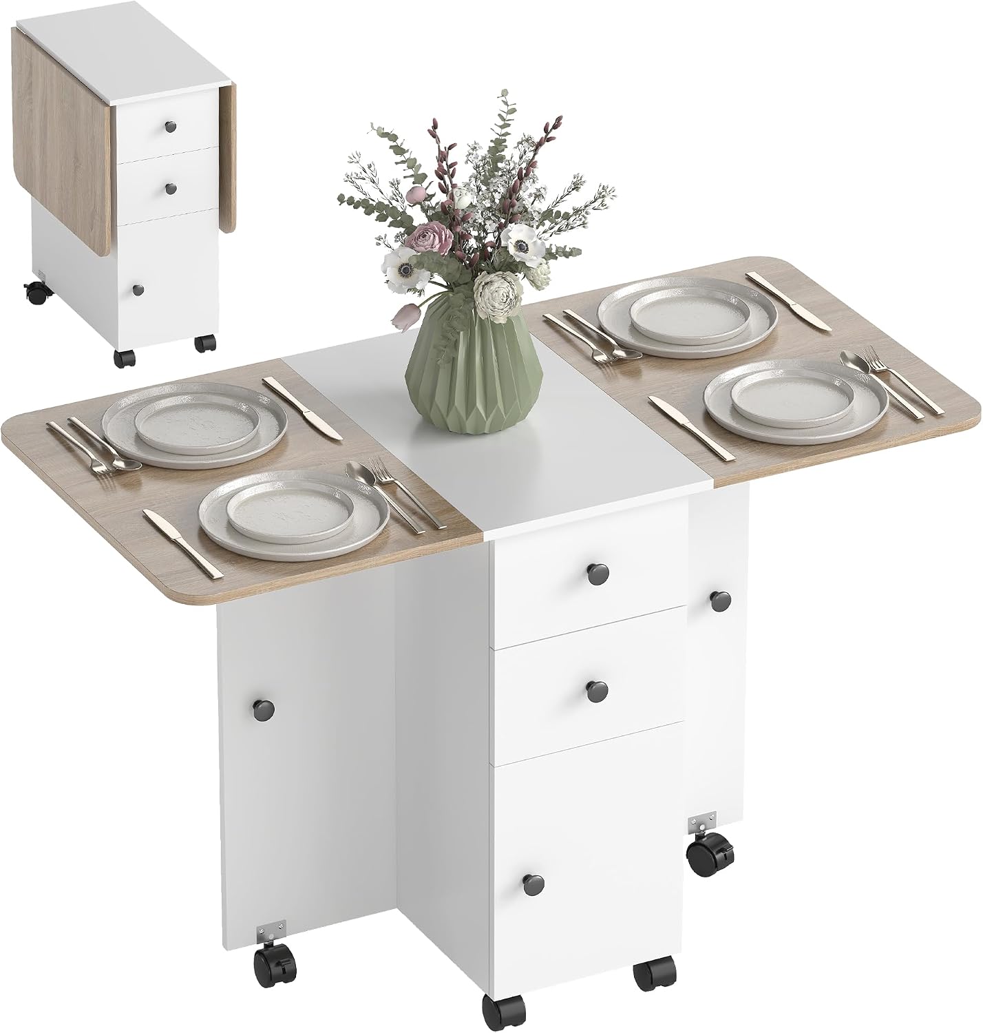 HOMCOM 60-120 cm Folding Dining Table for 4-6 on Wheels, Oak and White