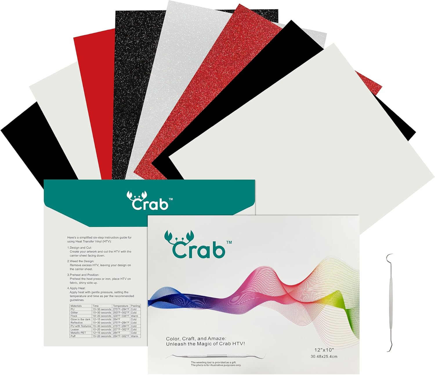 Crab HTV Heat Transfer Vinyl 8 Pack - PU Glitter Puff 12” x 10", Easy to Cut & Peel Iron on Vinyl for DIY T-Shirts Bags Gifts Design Compatible with Cricut, Silhouette Cameo, Heat Press