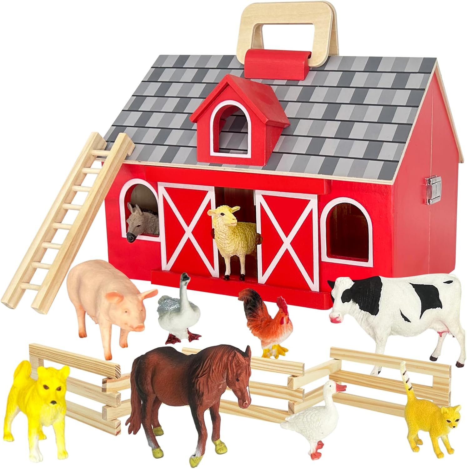 Wooden Bug Catcher for Kids & Toy barn with Animal Toy Set, Large Portable Wooden Bug Habitat Outdoor Toys with Indoor Toy Wooden Barn, Easy to Take Anywhere, Ideal Gift for Kids