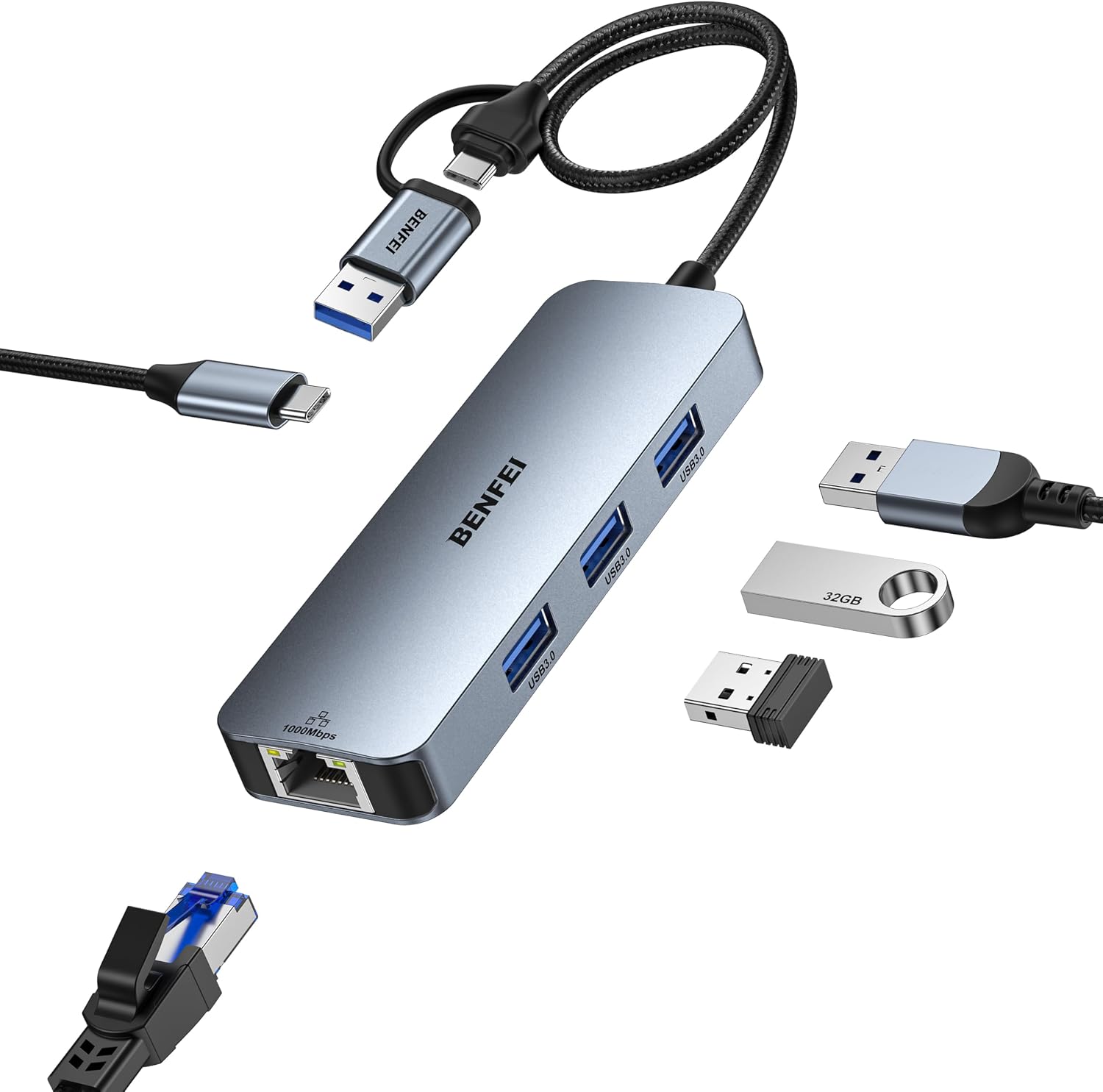 BENFEI USB-C to Gigabit Ethernet Adapter with 3-Port USB 3.0 Hub, RJ45 Network Adapter Compatible with MacBook Pro/Air, iPad Pro, iMac, Galaxy S23, XPS 17, Surface Book 3
