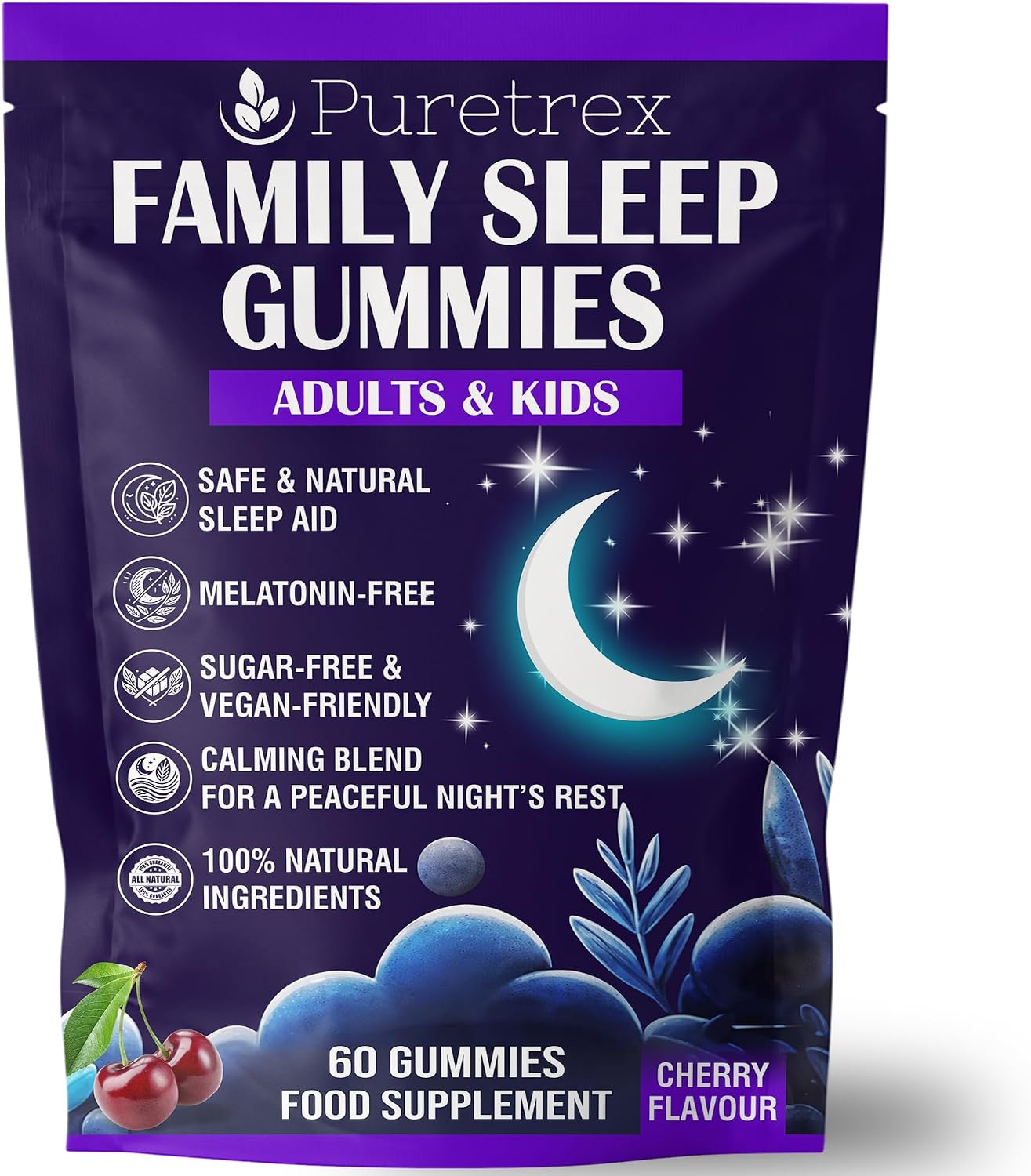 Family Sleep Natural Sleep Aid for Adults & Kids with Herbal Blend, Sugar-Free Vegan Melatonin-Free Calming Cherry Flavour Gummies, 60 Gummies