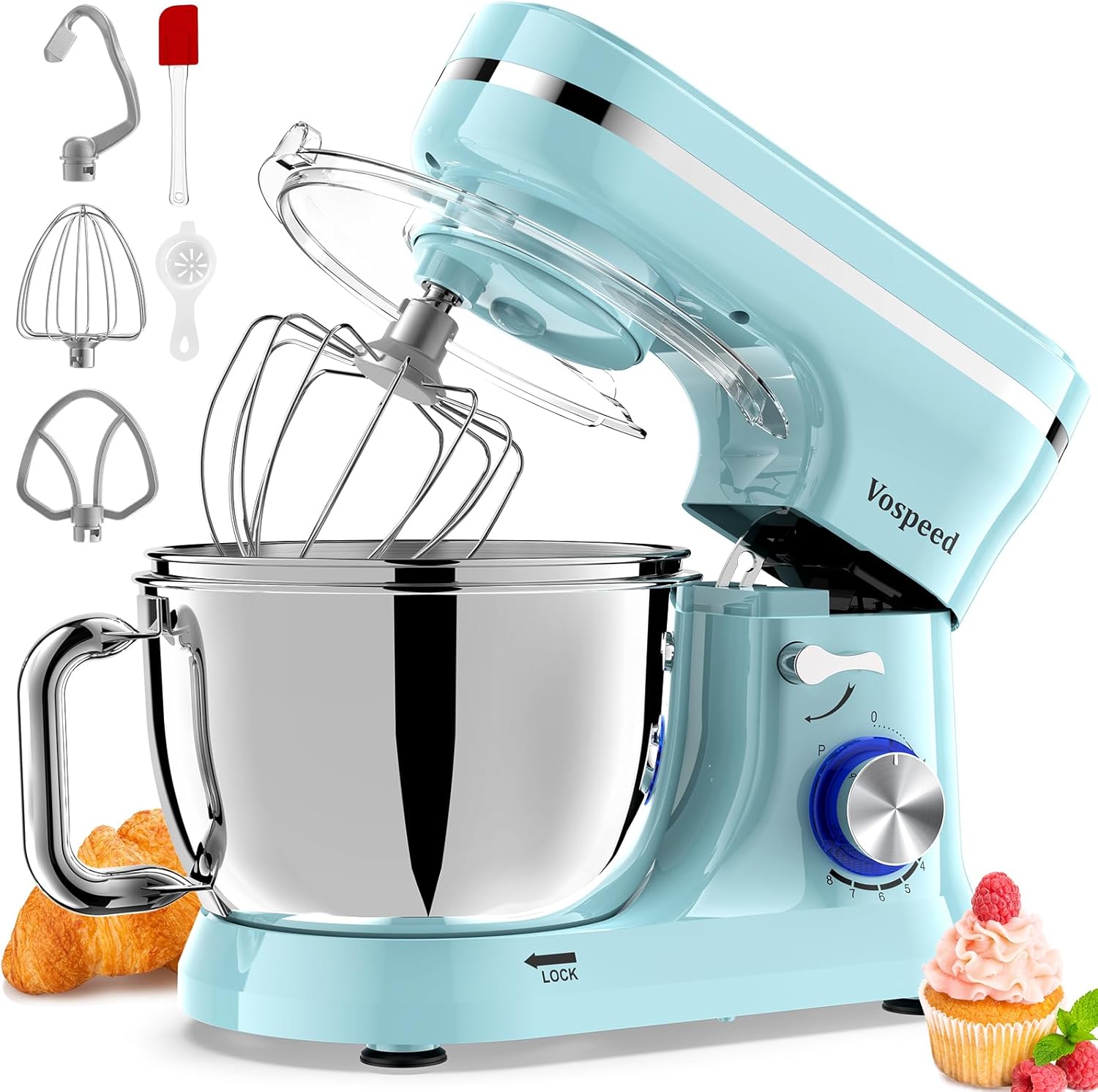 Vospeed Stand Mixer, 4.5L+5L Bowls 8-speed 1000W Tilt-Head Food Mixer for Baking, Kitchen Electric Mixer with Dough Hook, Whisk, Beater, Splash Guard (Bule)