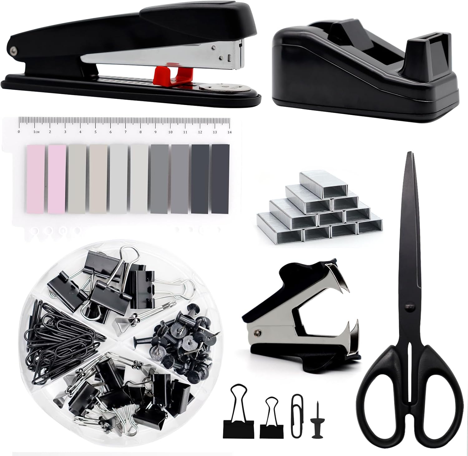 Black Office Supplies,Black Desk Accessories,Stapler and Tape Dispenser Set for with Large Stapler,Tape Dispenser, Staple Remover, Staples, Clips,Scissor and Tabs,Gifts for Office Clerks