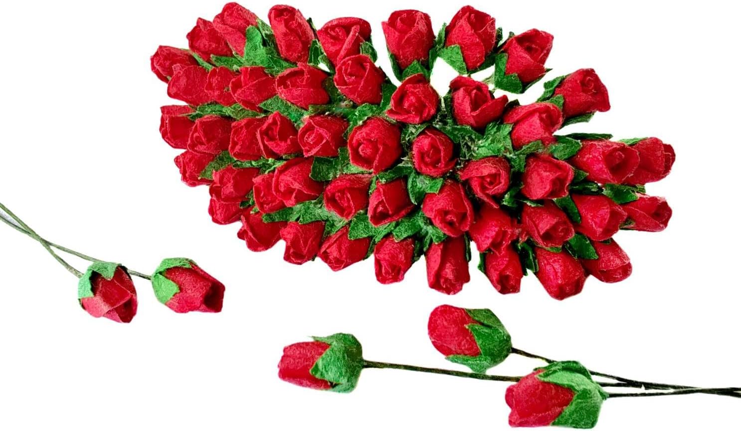 Mini Rose Bud Mulberry Paper Flower, Artificial Tiny Roses Flowers for Wedding Card Embellishment Scrapbook DIY Bouquet Crafts. (Red)
