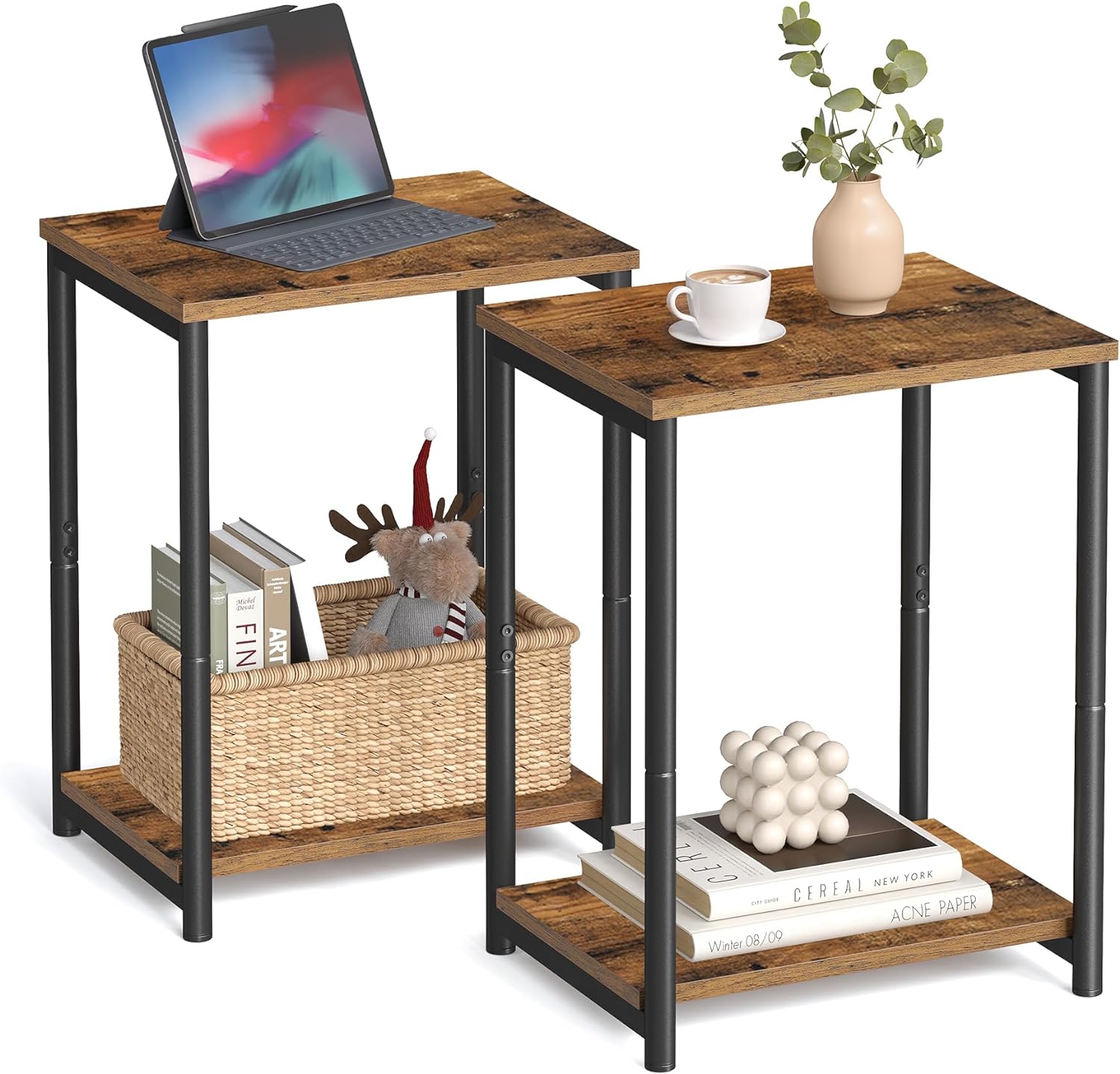 VASAGLE Set of 2 Side Tables, 2-Tier Sofa Side Tables, Bedside Tables with Steel Frames, for Living Room, Bedroom, Home Office, Industrial Style, Rustic Brown and Black LET272B01