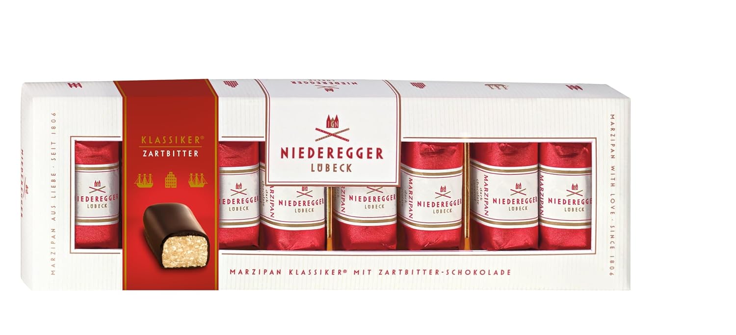 Niederegger Classic Marzipan Gift Box | Pure German Marzipan Covered in Crisp and Dark Chocolate | 8 Pieces Per Box | 100g / 3.5oz.