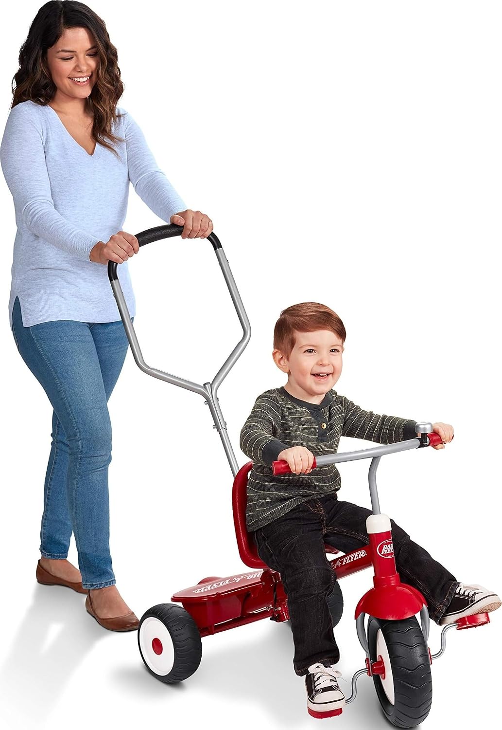 Radio Flyer Deluxe Steer & Stroll Trike, for Kids 2-5, Red, Adjustable Seat | 2-in-1 Parent Steer Tricycle, Removable Push Handle, Steel Frame, Tricycle for Toddlers and Kids, Covered Storage Bin