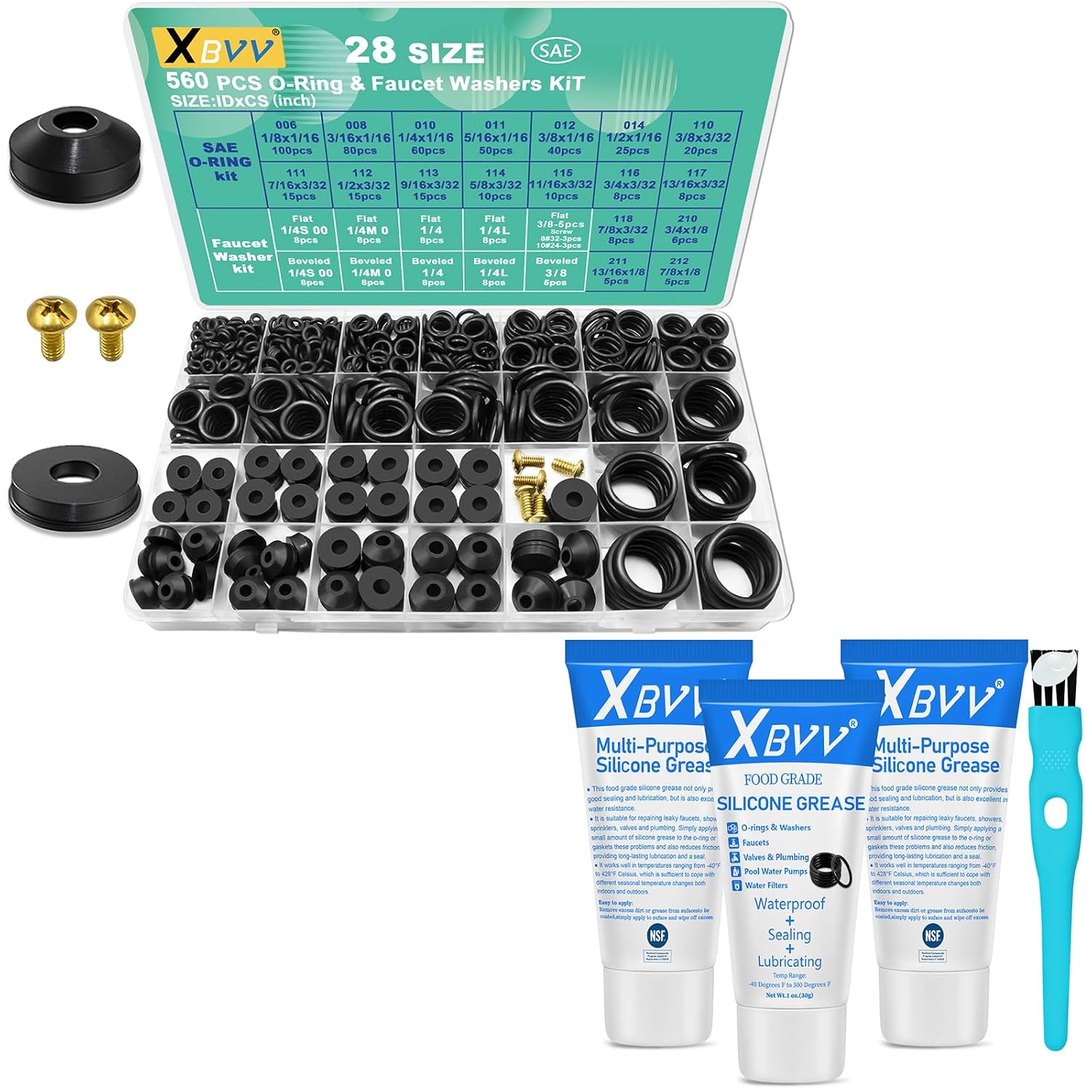 3 Pack Silicone Grease and 560 Pcs 28 Size Faucet Rubber Washers Kit and SAE O Ring Assortment Set for Assorted Plumbing Faucet Sealing Repair
