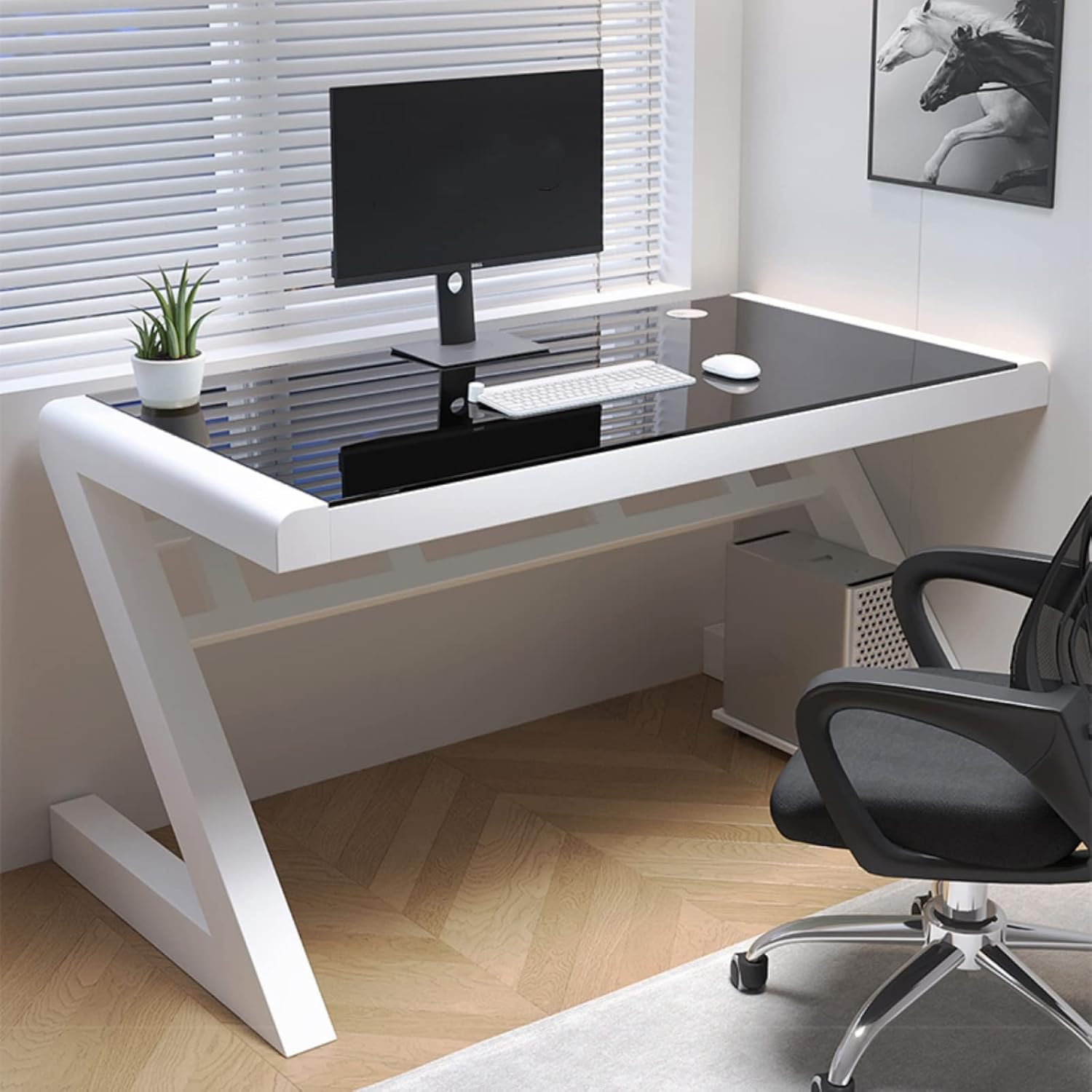 FAANAS Tempered Glass Computer Desk Modern Design Student Writing Desk Study Desk Home Office Desk Gaming Desk Personal Workstation with Z-Shaped Metal Frame(31 Inch, Black & White)