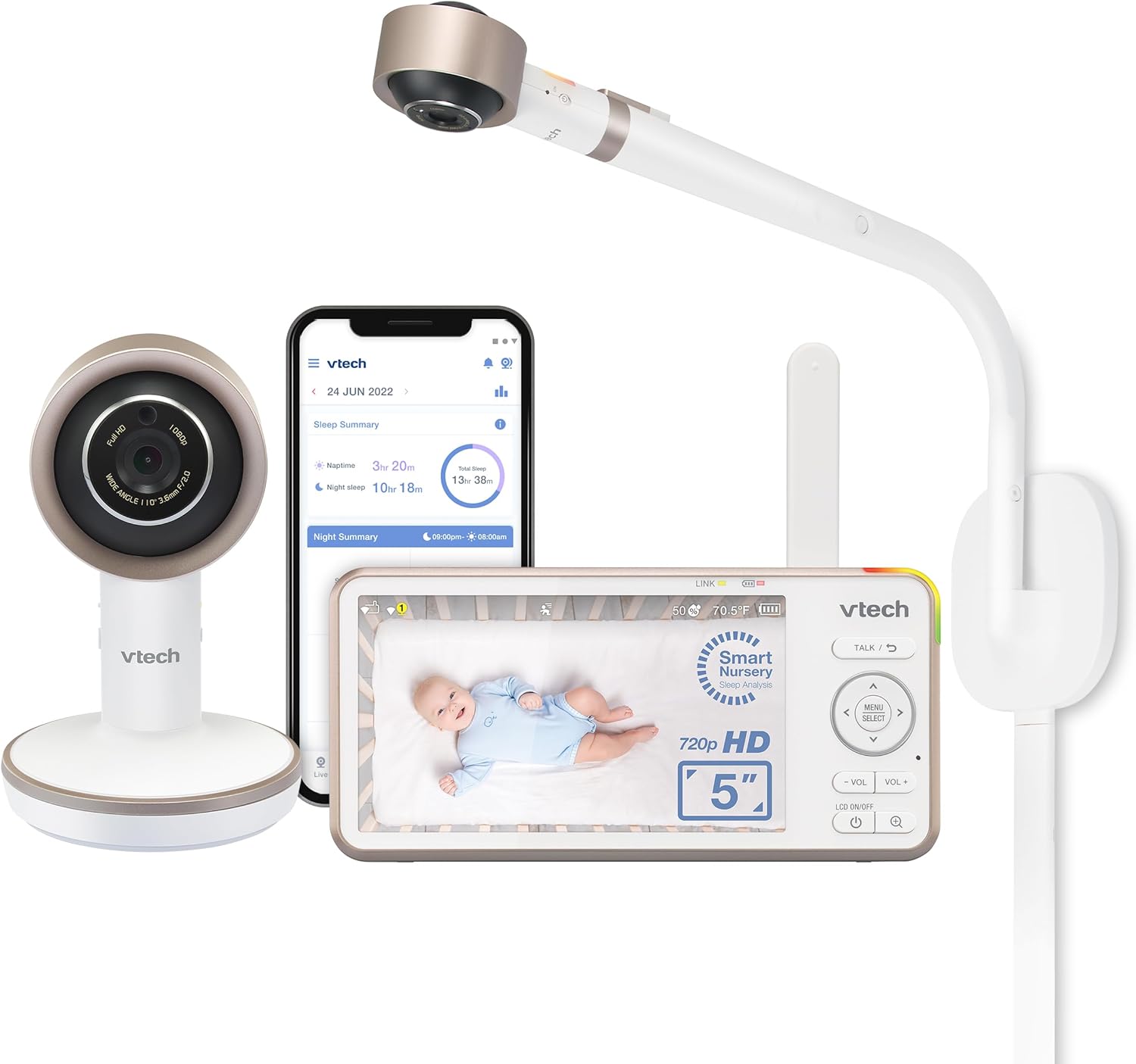VTech V-Care VC2105 1080p FHD Over-The Crib Mount Smart Baby Monitor 5” 720p LCD Screen,Table Stand,Remote Access,Versatile Placement,Intelligence Detection, Sleep Analysis,18hrs Recording,with WiFi