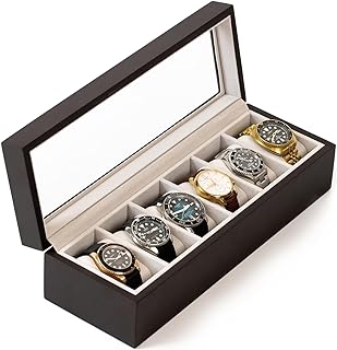 CASE ELEGANCE Solid Espresso Wood Watch Box Organizer with Glass Display Top