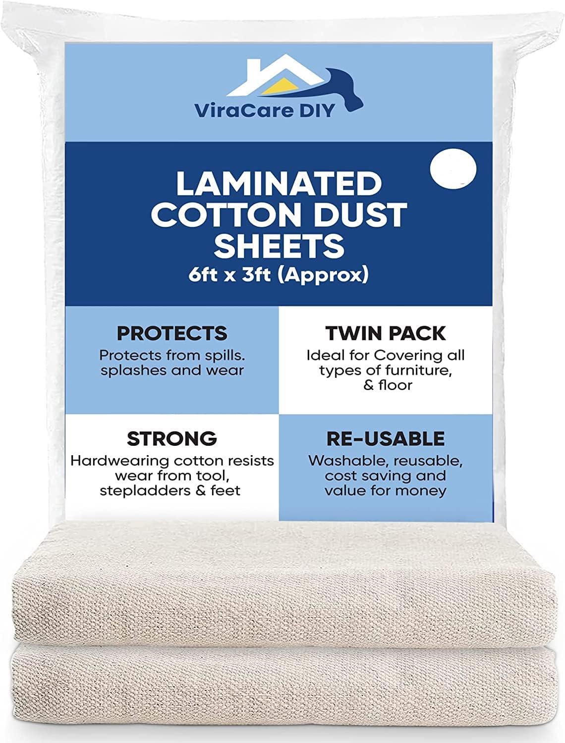 2 x Laminated Cotton Dust Sheets for Painting & Decorating 6'x3' (1.8mx0.9m) | Paint Sheets | Drop Cloth | Painting & Paint Cover Sheets | Dust Sheets for Furniture | Reusable (2)