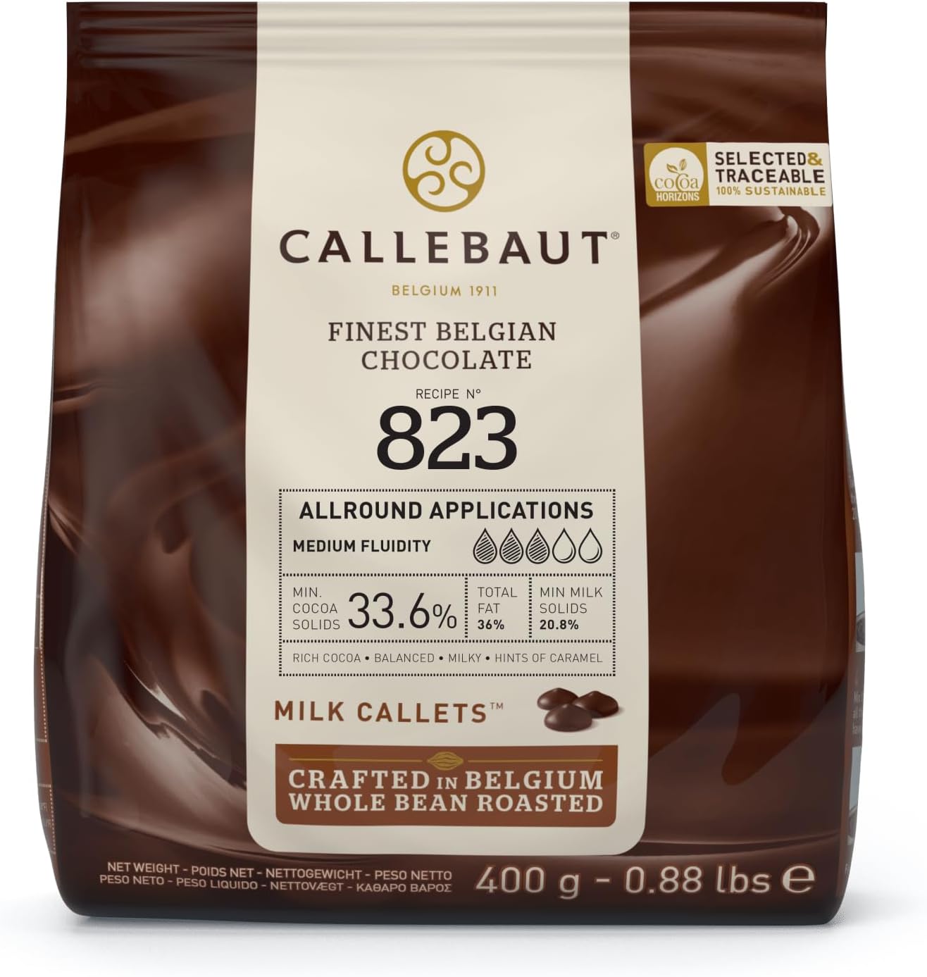 Callebaut 823 Finest Belgian Milk Chocolate Couverture Callets 33.6% Cocoa 400g