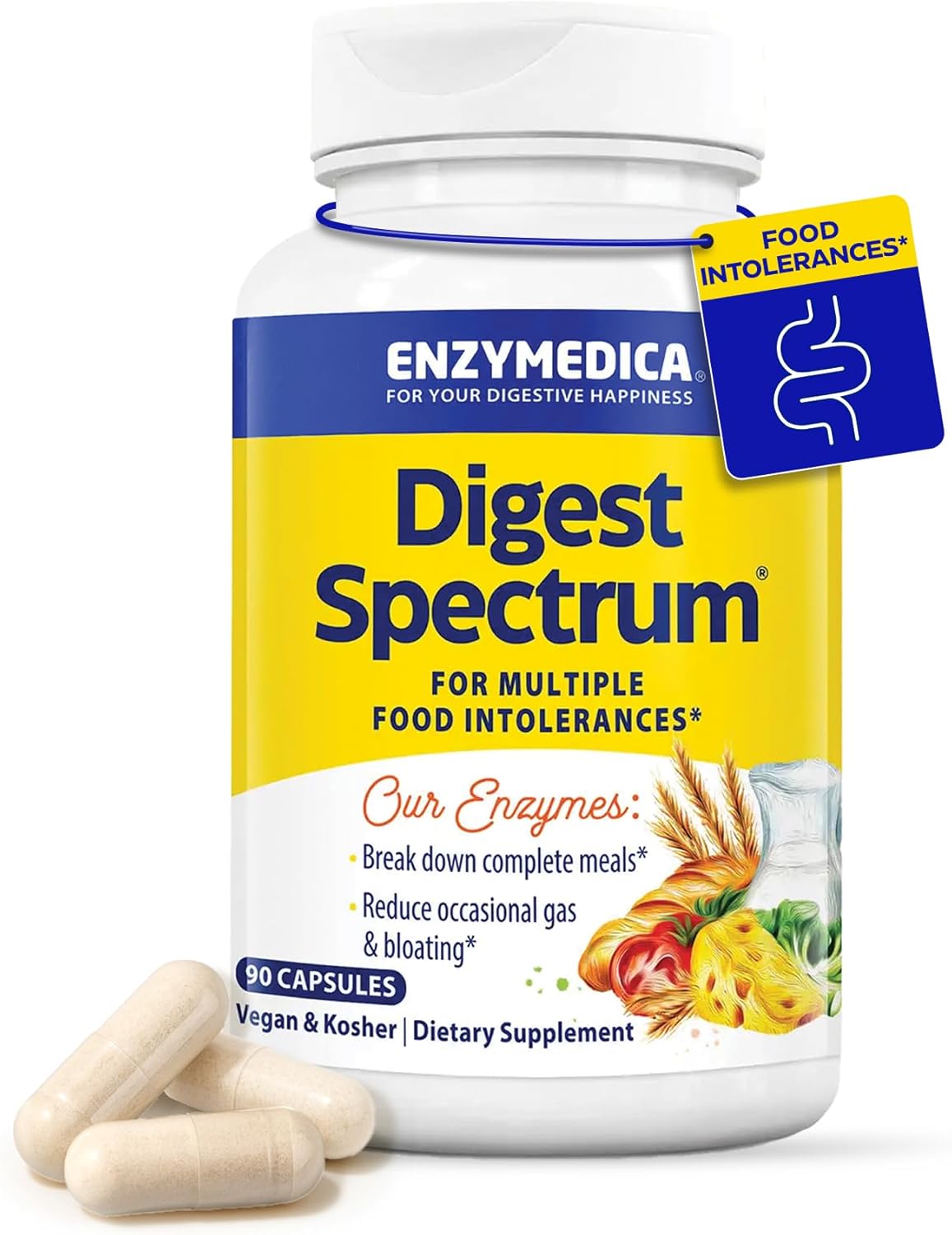 Enzymedica Digest Spectrum - Digestive Enzyme Supplement for Women & Men, Enzymes for Digestion, Gut Health, & Multiple Food Intolerances, Targets Gluten & Lactose, Helps Gas & Bloating - 90 Caps