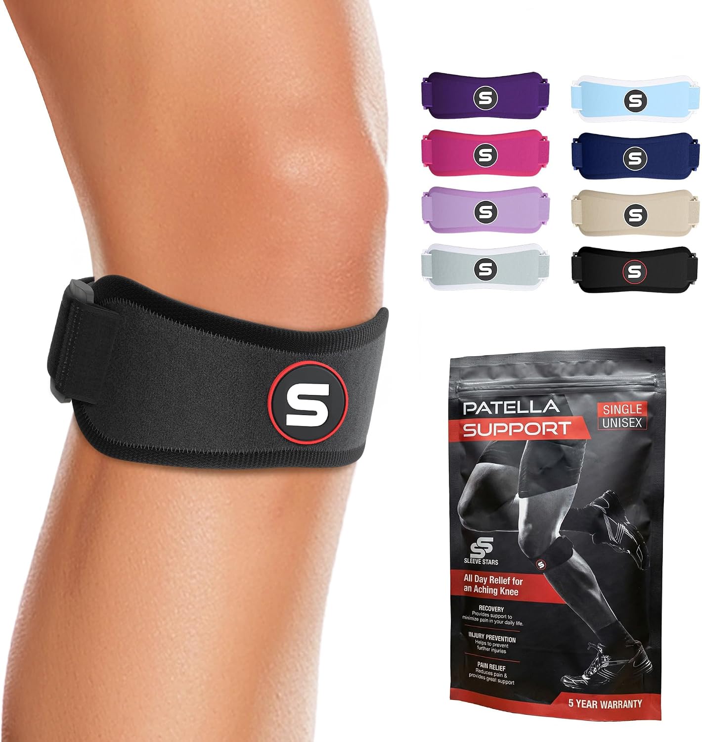 Sleeve Stars Patellar Tendon Support Strap Osgood Schlatter Knee Brace for Youth, Women & Men, Swedish Brand Patella Knee Strap for Arthritis & Pain, Patella Band w/ 3 Lengths (Black)