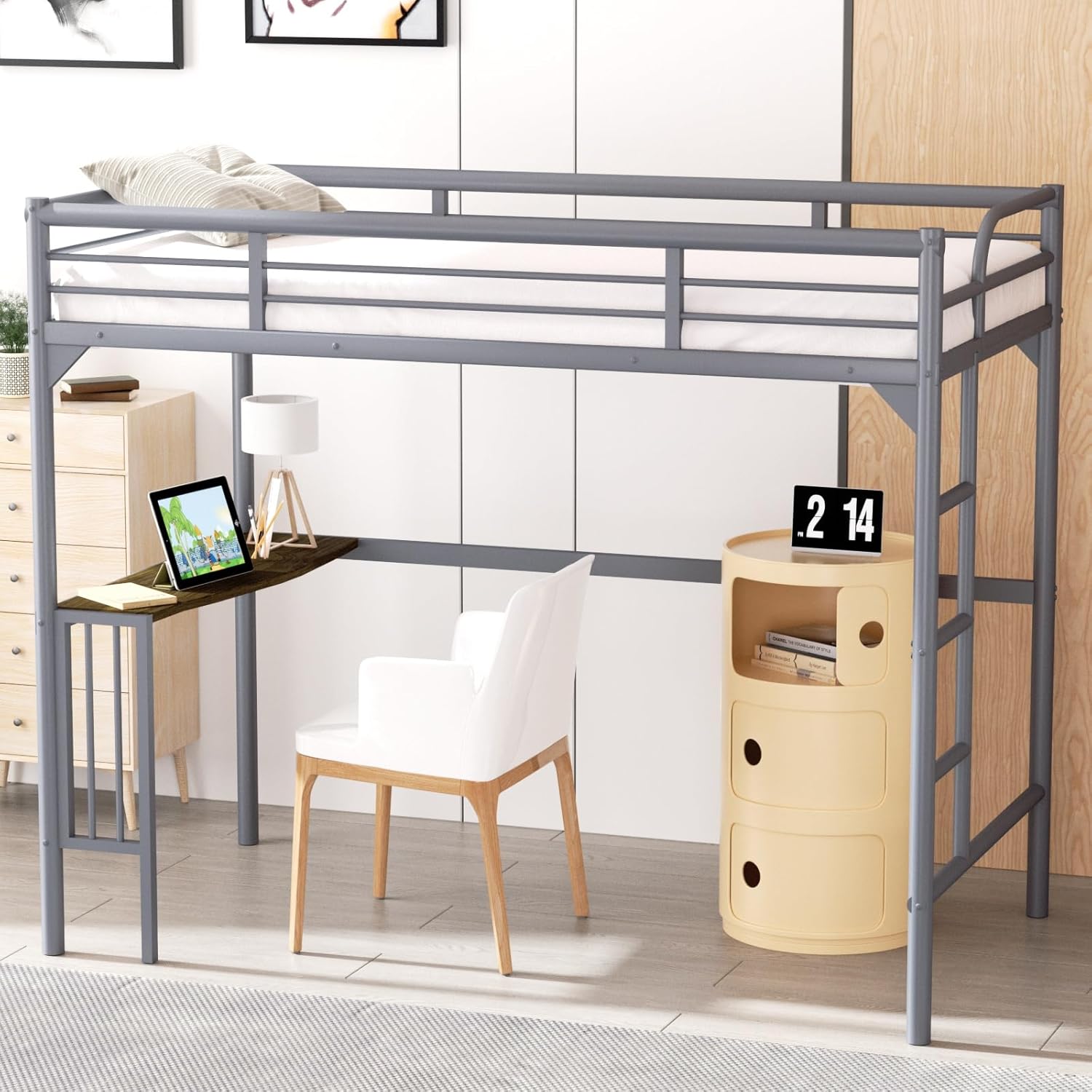 Petfu Loft Bed Twin Size with Desk, Metal Loft Bed Frame with Ladder and Safety Rails, Space-Saving, Noise Free, No Spring Box Needed, Silver
